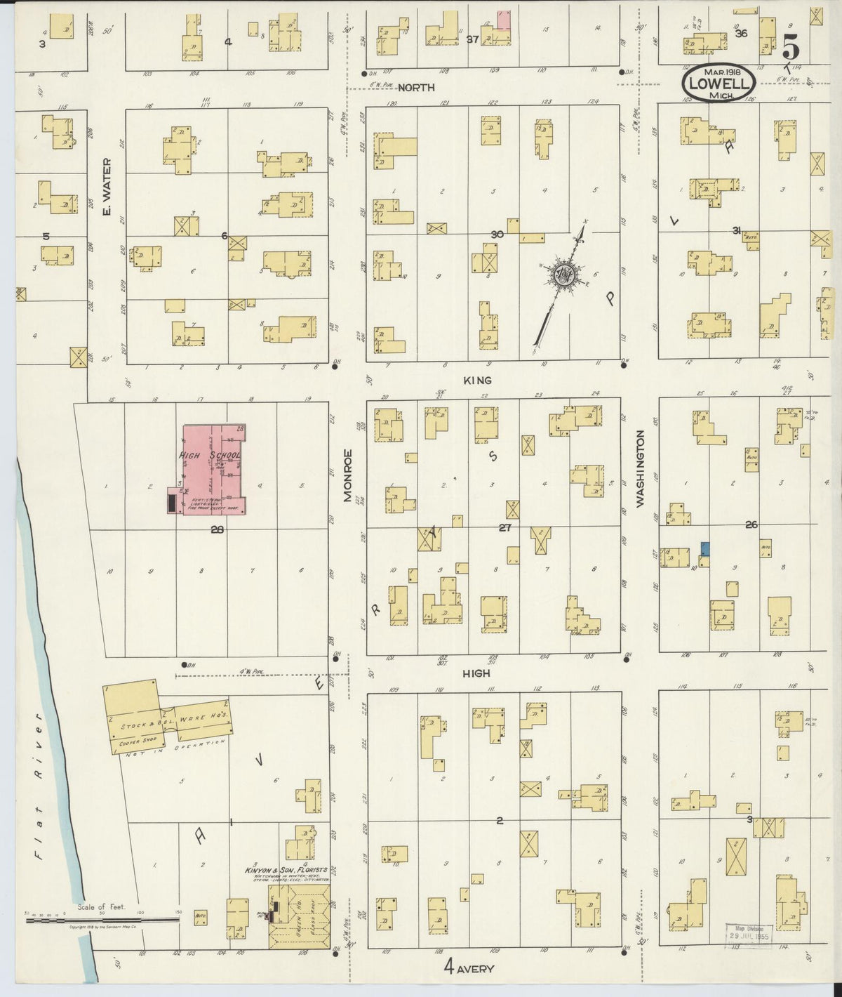 Sanborn Fire Insurance Map from Lowell, Kent County, Michigan (1918), Sheet #0005 - Historic Sanborn Fire Insurance Map Print, vintage old map wall art, antique decor, genealogy gift, Michigan Michigan map