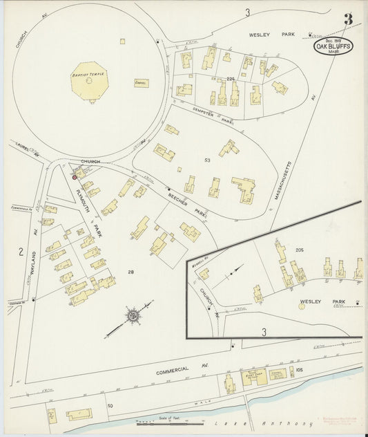 Sanborn Fire Insurance Map from Oak Bluffs, Dukes County, Massachusetts (1914), Sheet #0003 - Historic Sanborn Fire Insurance Map Print, vintage old map wall art, antique decor, genealogy gift, Massachusetts Massachusetts map