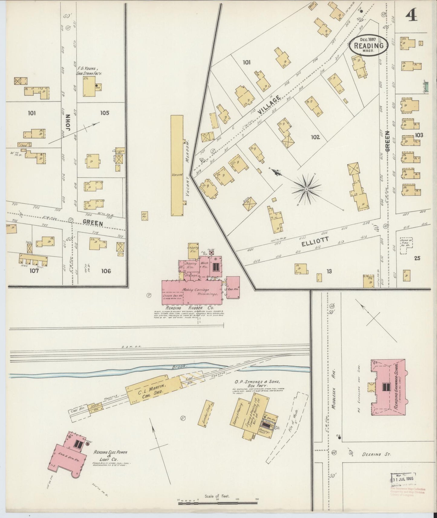 Sanborn Fire Insurance Map from Reading, Middlesex County, Massachusetts (1897), Sheet #0004 - Historic Sanborn Fire Insurance Map Print, vintage old map wall art, antique decor, genealogy gift, Massachusetts Massachusetts map