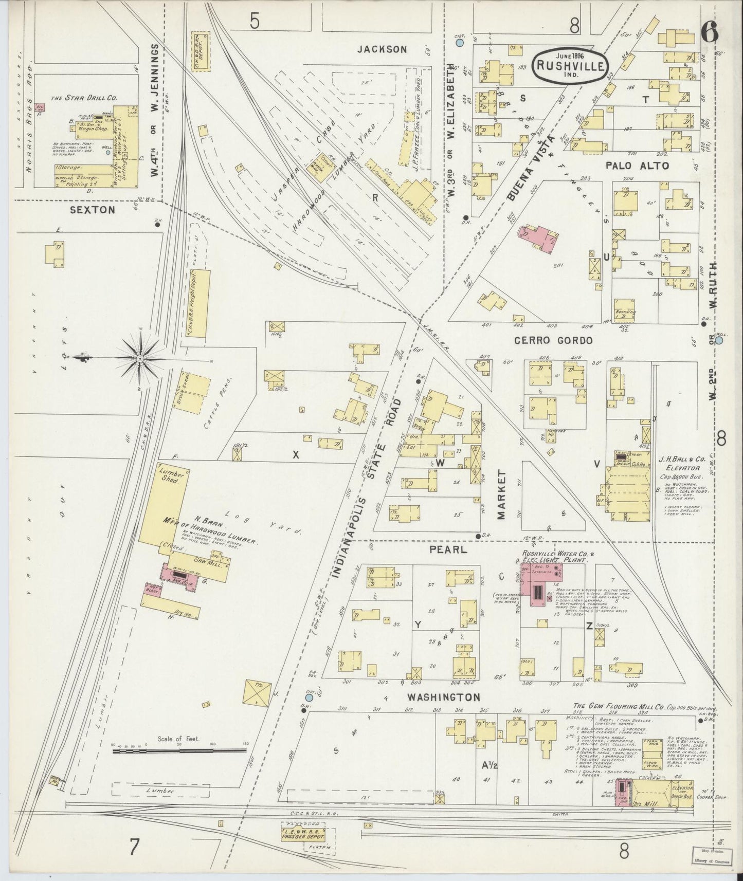 Sanborn Fire Insurance Map from Rushville, Rush County, Indiana (1896), Sheet #0006 - Historic Sanborn Fire Insurance Map Print, vintage old map wall art, antique decor, genealogy gift, Indiana Indiana map