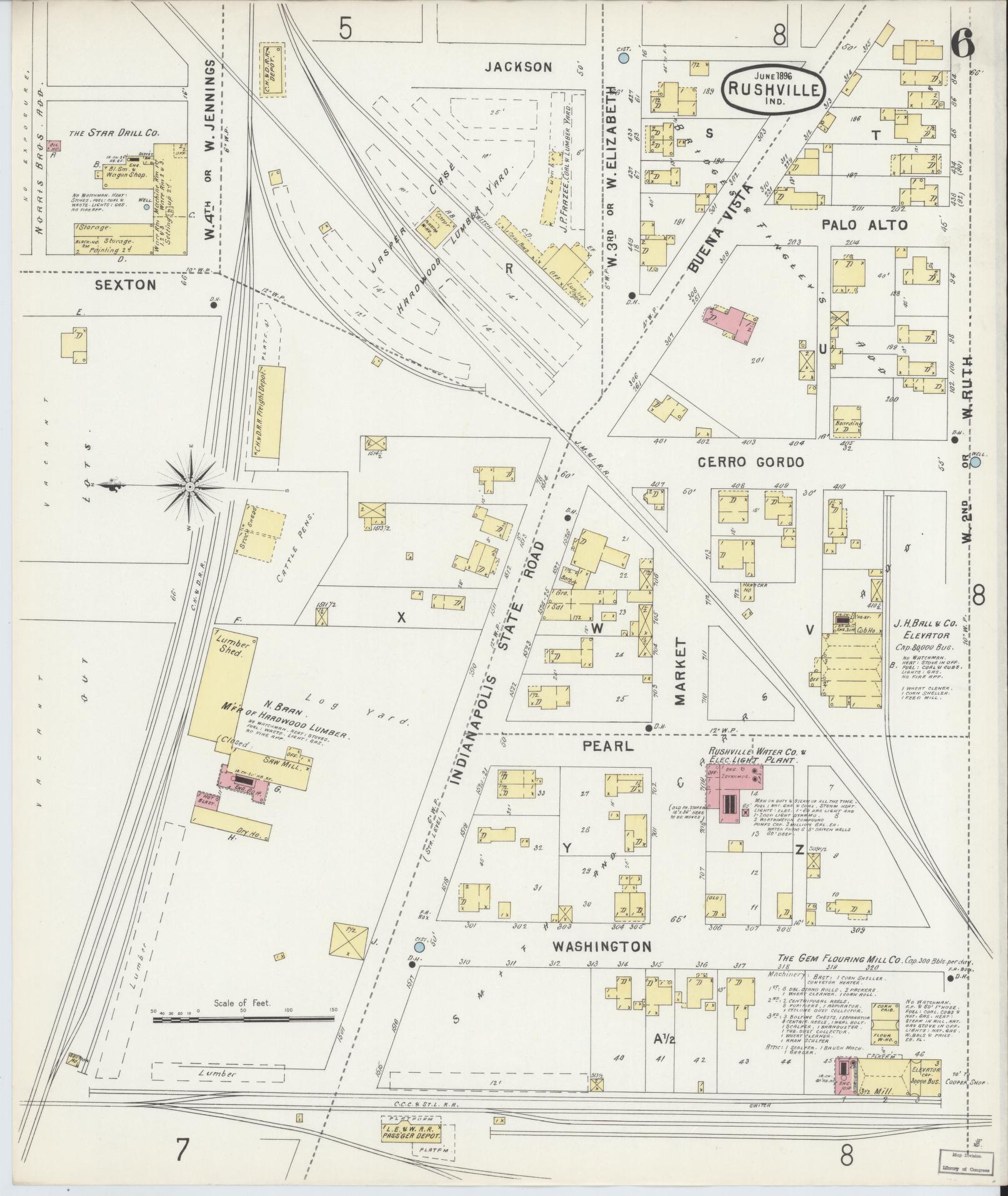 Sanborn Fire Insurance Map from Rushville, Rush County, Indiana (1896), Sheet #0006 - Historic Sanborn Fire Insurance Map Print, vintage old map wall art, antique decor, genealogy gift, Indiana Indiana map