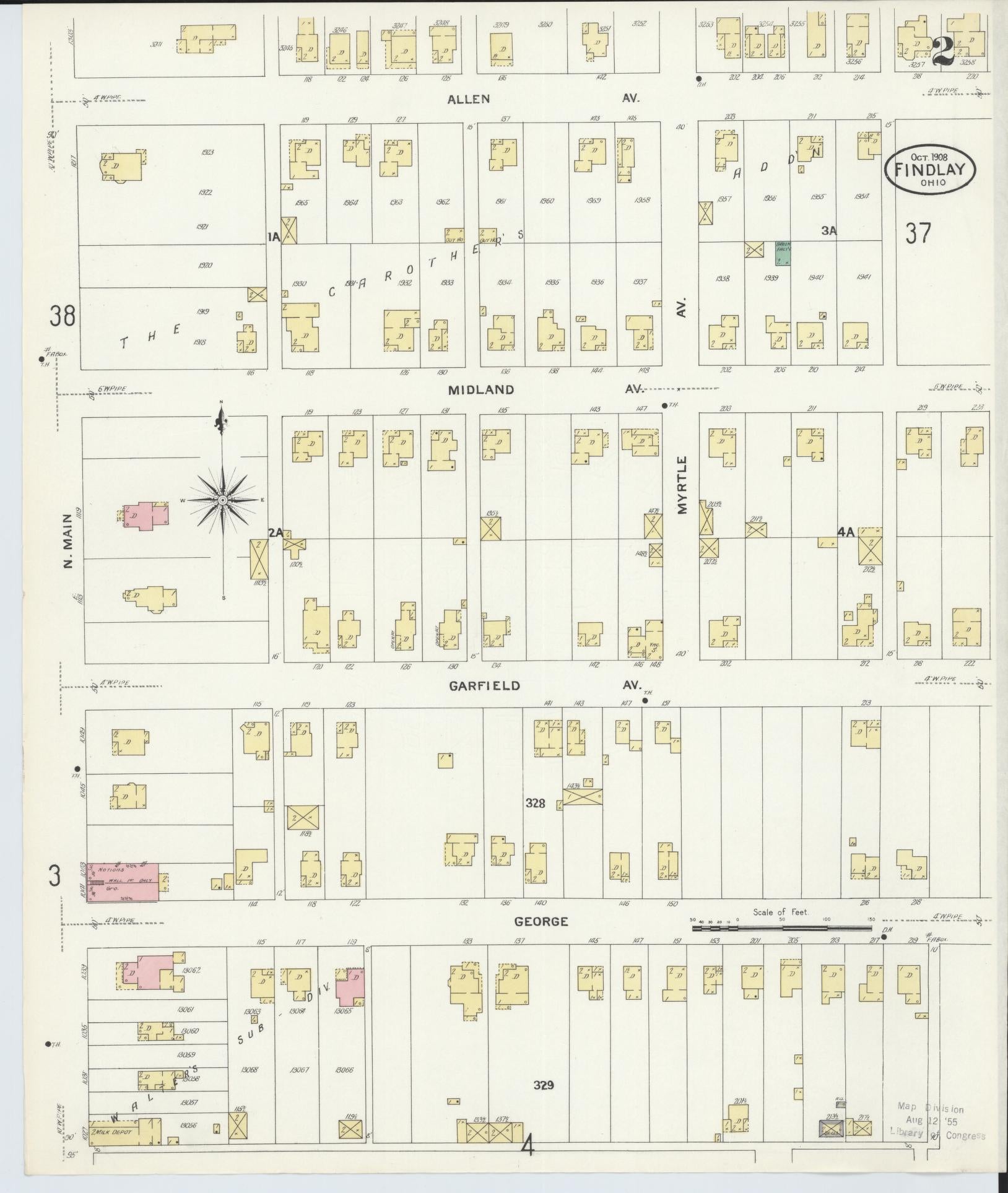 Sanborn Fire Insurance Map from Findlay, Hancock County, Ohio (1908), Sheet #0002 - Complete Map Set gallery image, historic Sanborn map, vintage wall art, Ohio Ohio