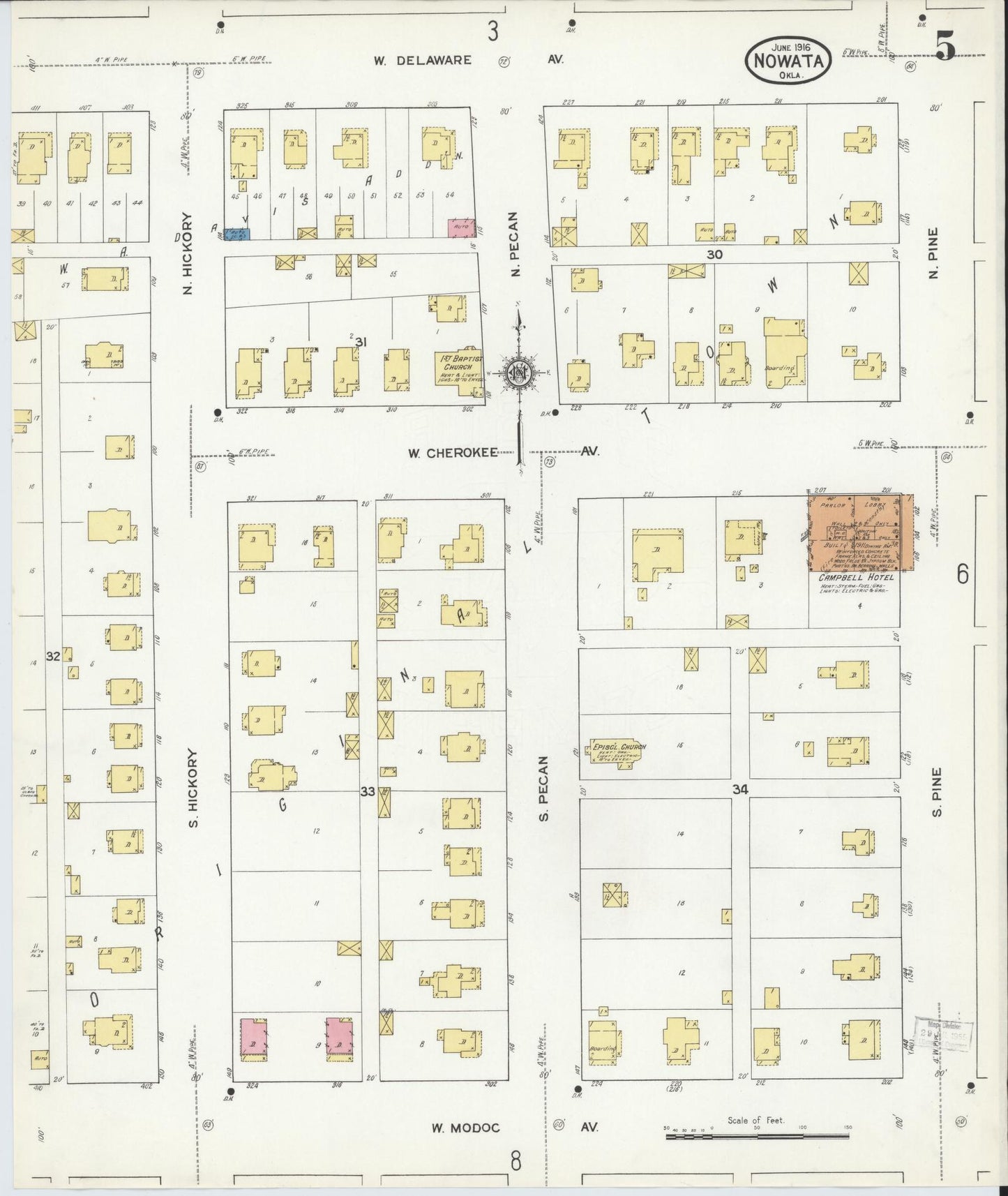Sanborn Fire Insurance Map from Nowata, Nowata County, Oklahoma (1916), Sheet #0005 - Historic Sanborn Fire Insurance Map Print, vintage old map wall art, antique decor, genealogy gift, Oklahoma Oklahoma map