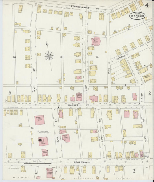 Sanborn Fire Insurance Map from Bangor, Northampton County, Pennsylvania (1897), Sheet #0004 - Historic Sanborn Fire Insurance Map Print, vintage old map wall art, antique decor, genealogy gift, Pennsylvania Pennsylvania map