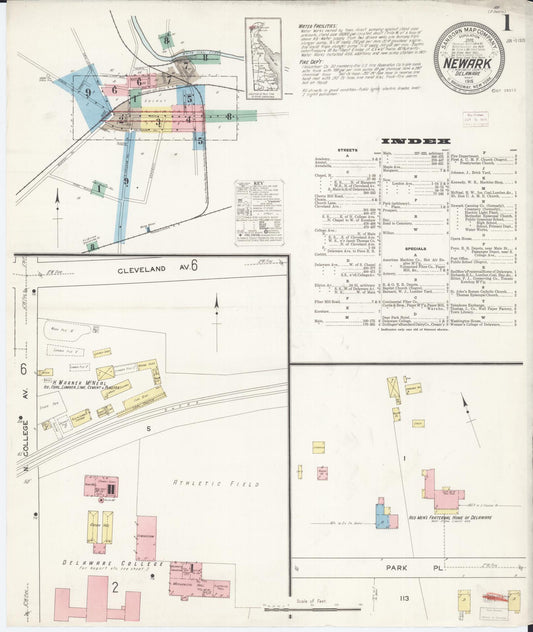 Sanborn Fire Insurance Map from Newark, New Castle County, Delaware (1915), Sheet #0001 - Historic Sanborn Fire Insurance Map Print, vintage old map wall art, antique decor, genealogy gift, Delaware Delaware map