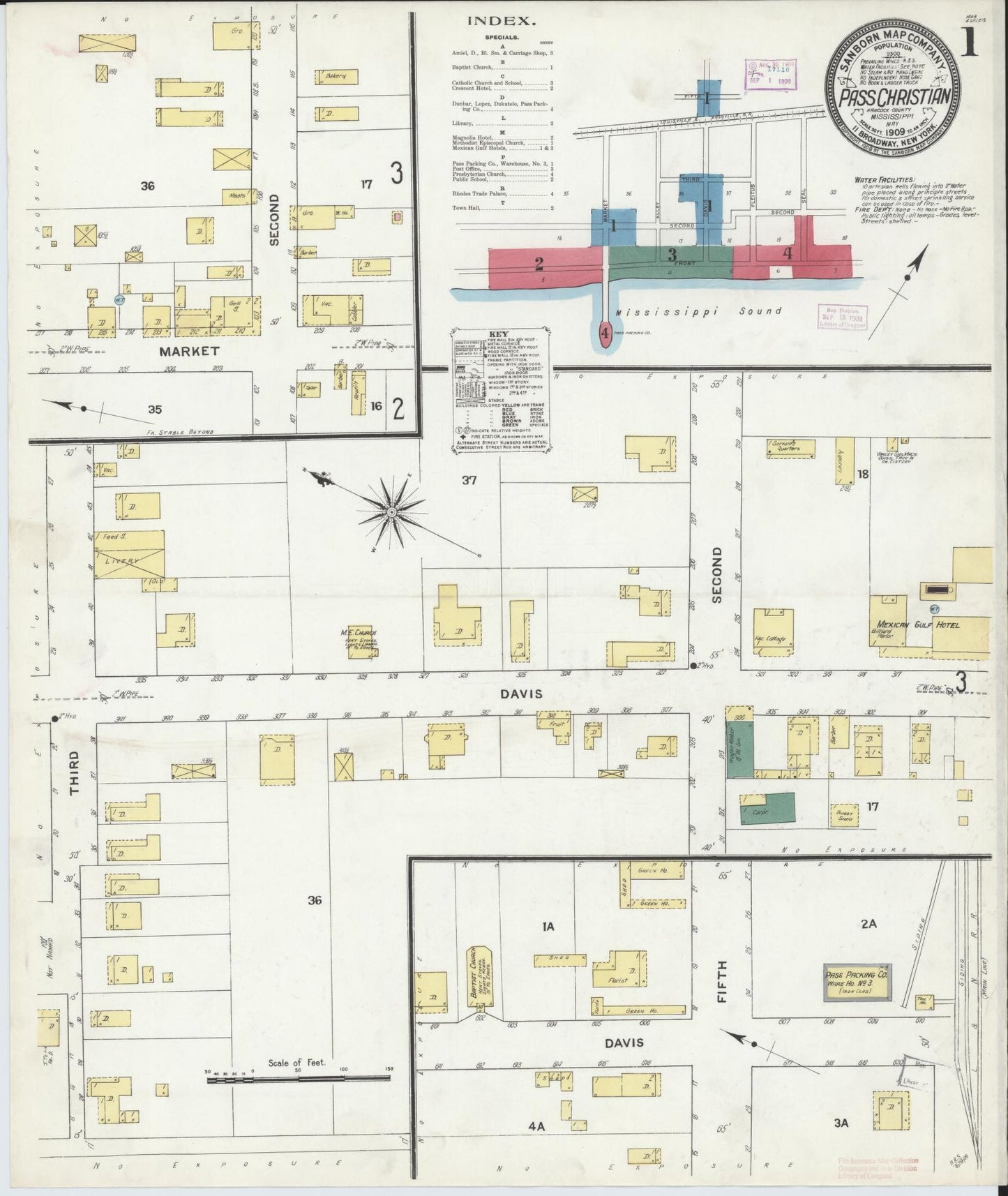 Sanborn Fire Insurance Map from Pass Christian, Harrison County, Mississippi (1909), Sheet #0001 - Historic Sanborn Fire Insurance Map Print, vintage old map wall art, antique decor, genealogy gift, Mississippi Mississippi map