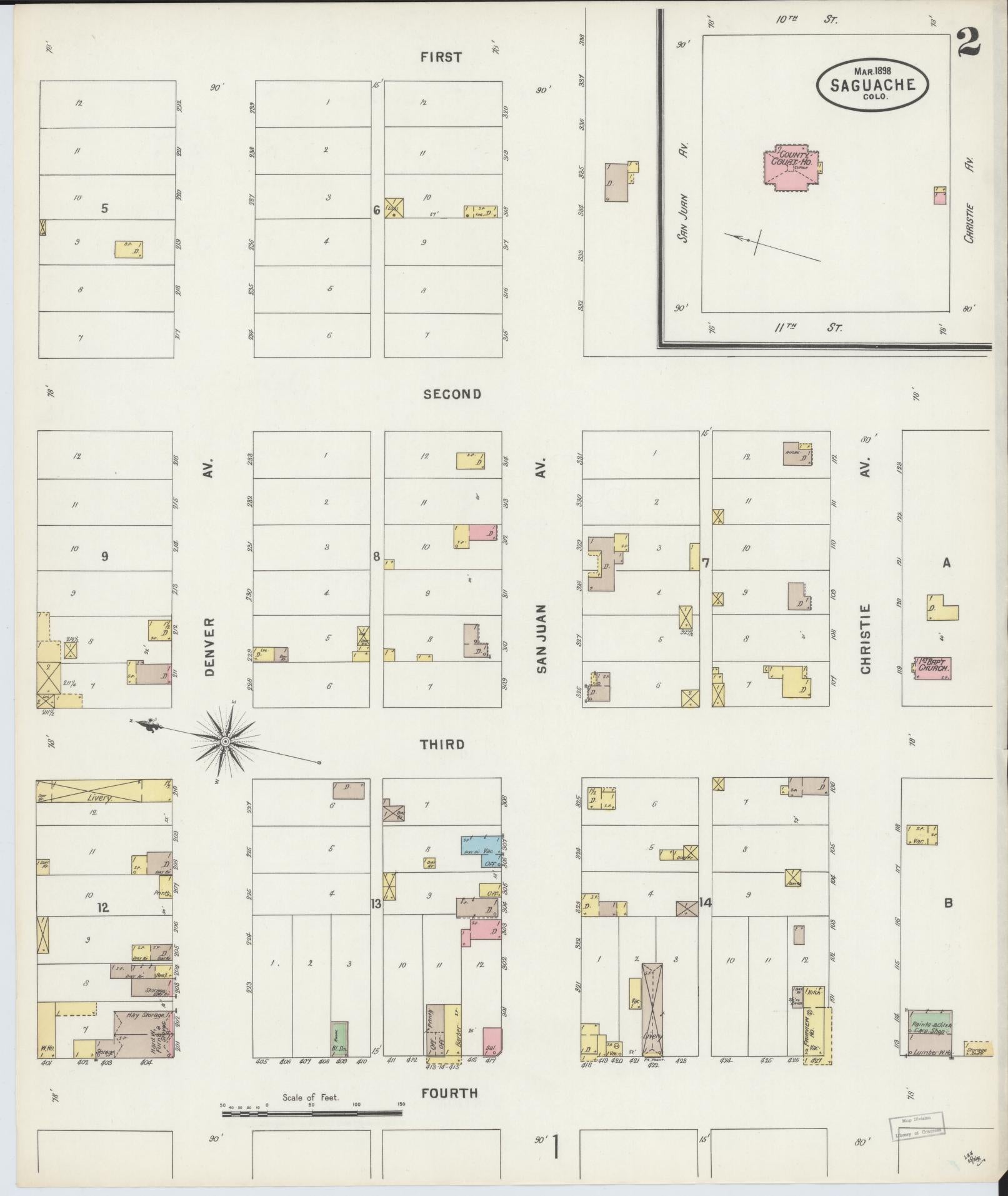 Sanborn Fire Insurance Map from Saguache, Saguache County, Colorado (1898), Sheet #0002 - Complete Map Set gallery image, historic Sanborn map, vintage wall art, Colorado Colorado