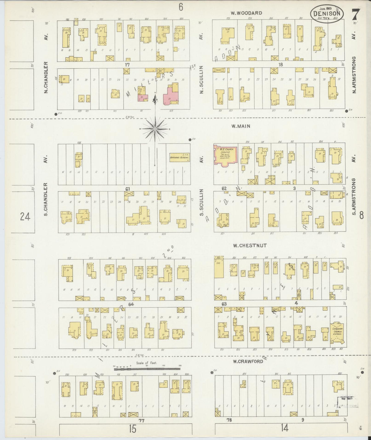 Sanborn Fire Insurance Map from Denison, Grayson County, Texas (1903), Sheet #0007 - Historic Sanborn Fire Insurance Map Print, vintage old map wall art, antique decor, genealogy gift, Texas Texas map