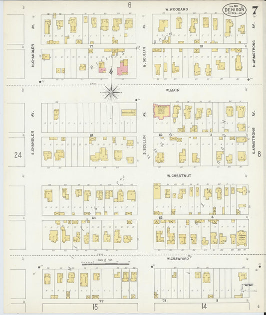 Sanborn Fire Insurance Map from Denison, Grayson County, Texas (1903), Sheet #0007 - Historic Sanborn Fire Insurance Map Print, vintage old map wall art, antique decor, genealogy gift, Texas Texas map