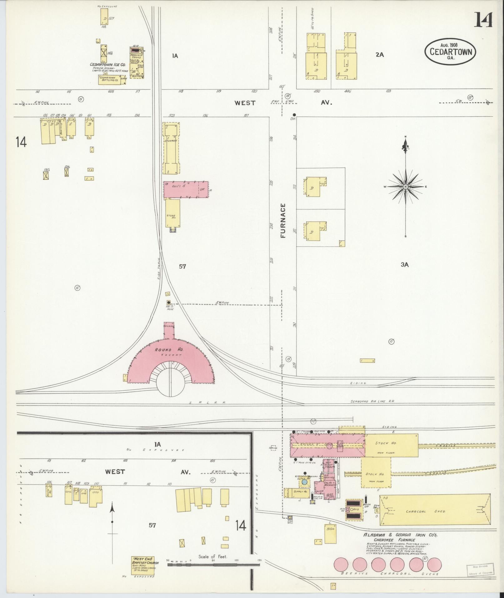 Sanborn Fire Insurance Map from Cedartown, Polk County, Georgia (1908), Sheet #0014 - Historic Sanborn Fire Insurance Map Print, vintage old map wall art, antique decor, genealogy gift, Georgia Georgia map