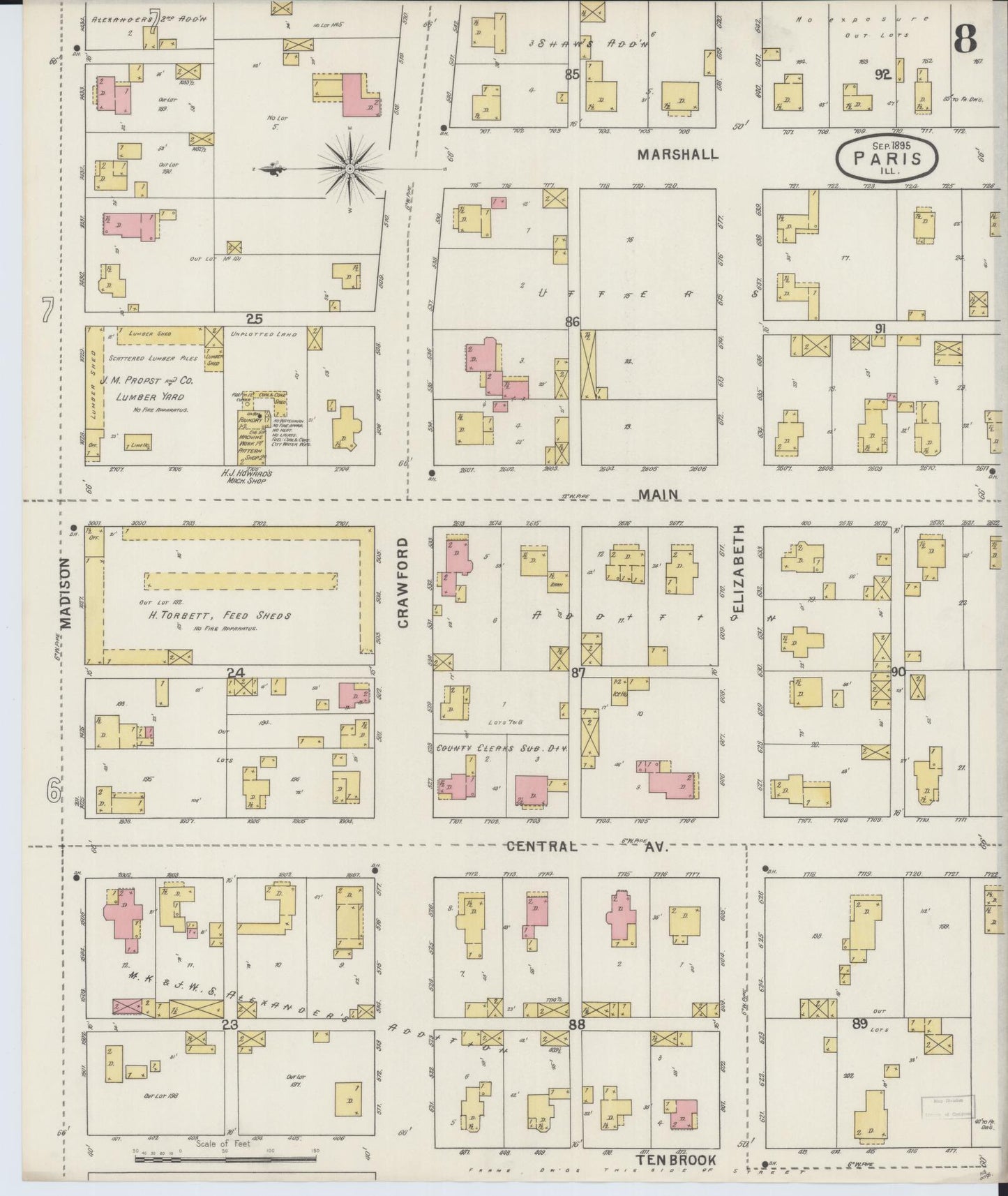 Sanborn Fire Insurance Map from Paris, Edgar County, Illinois (1895), Sheet #0008 - Historic Sanborn Fire Insurance Map Print, vintage old map wall art, antique decor, genealogy gift, Illinois Illinois map