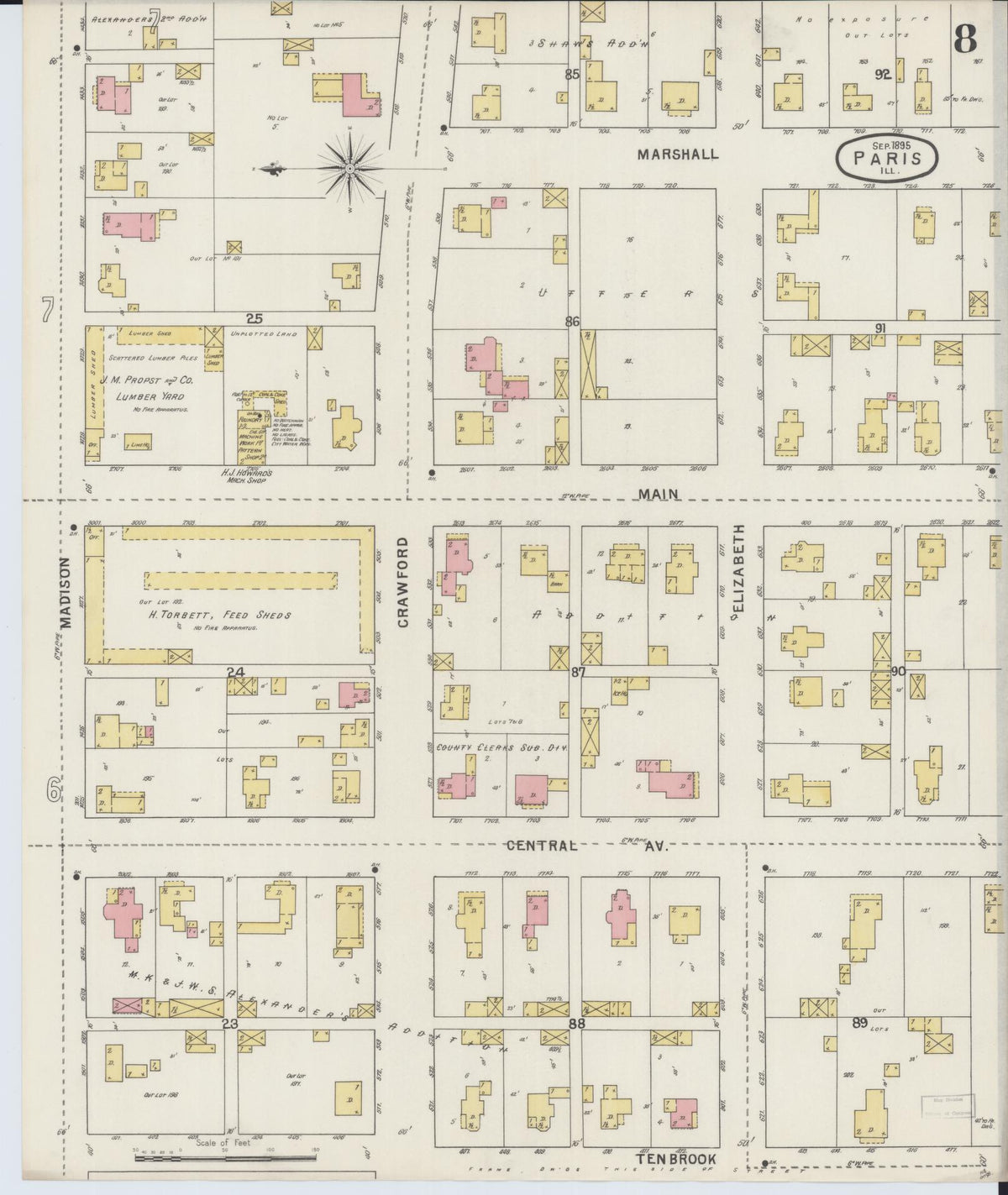 Sanborn Fire Insurance Map from Paris, Edgar County, Illinois (1895), Sheet #0008 - Historic Sanborn Fire Insurance Map Print, vintage old map wall art, antique decor, genealogy gift, Illinois Illinois map