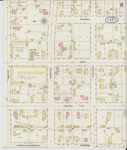 Sanborn Fire Insurance Map from Paris, Edgar County, Illinois (1895), Sheet #0008 - Historic Sanborn Fire Insurance Map Print, vintage old map wall art, antique decor, genealogy gift, Illinois Illinois map