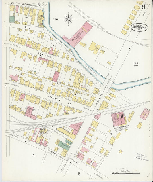 Sanborn Fire Insurance Map from Uniontown, Fayette County, Pennsylvania (1907), Sheet #0009 - Historic Sanborn Fire Insurance Map Print, vintage old map wall art, antique decor, genealogy gift, Pennsylvania Pennsylvania map