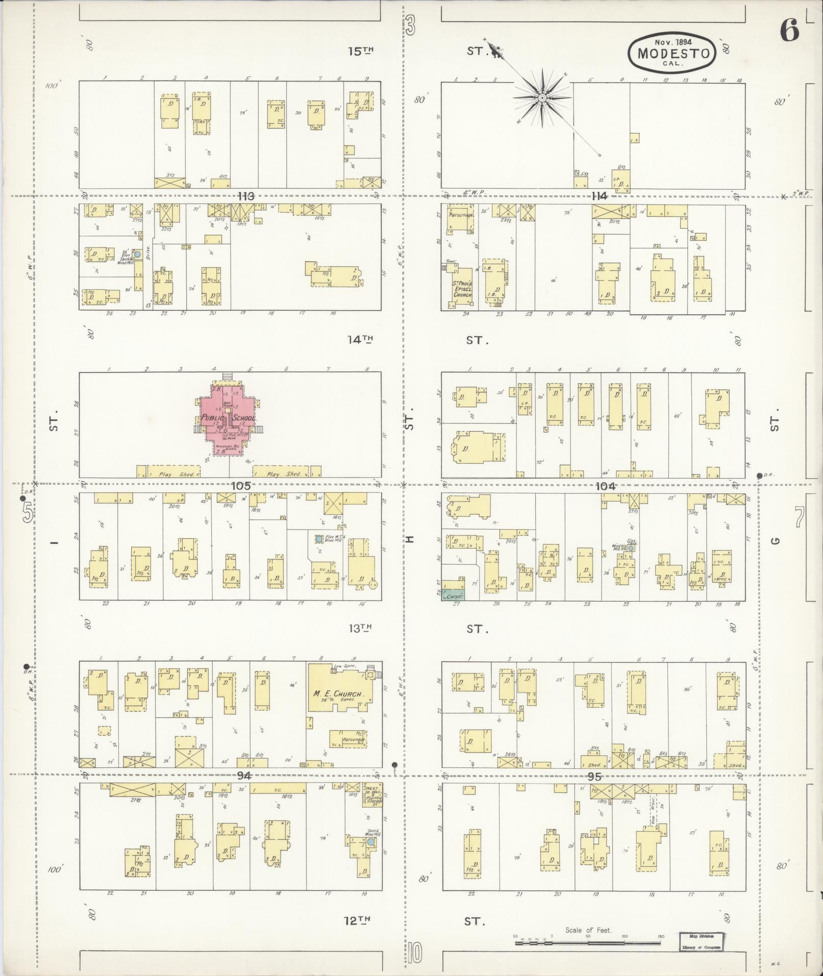 Sanborn Fire Insurance Map from Modesto, Stanislaus County, California (1894), Sheet #0006 - Complete Map Set gallery image, historic Sanborn map, vintage wall art, California California