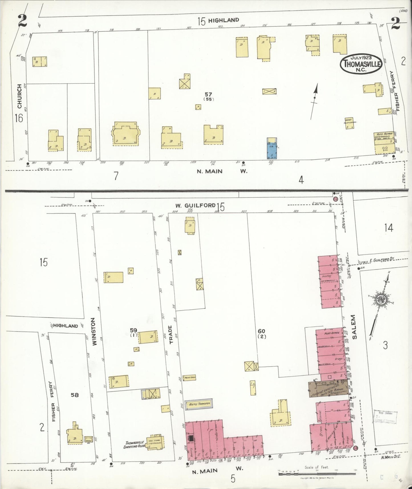 Sanborn Fire Insurance Map from Thomasville, Davidson County, North Carolina (1923), Sheet #0002 - Complete Map Set gallery image, historic Sanborn map, vintage wall art, North Carolina North Carolina
