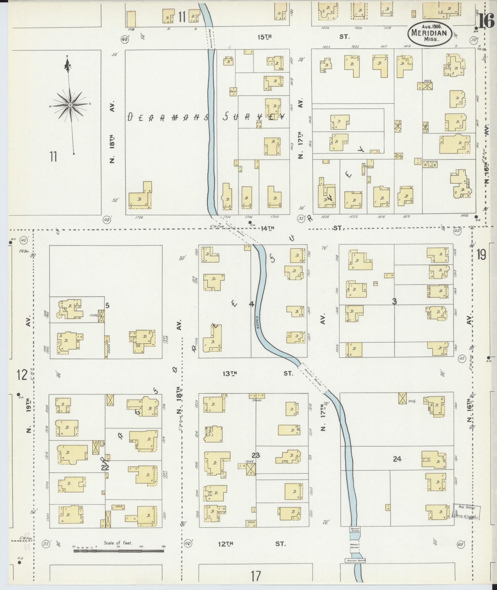 Sanborn Fire Insurance Map from Meridian, Lauderdale County, Mississippi (1906), Sheet #0016 - Complete Map Set gallery image, historic Sanborn map, vintage wall art, Mississippi Mississippi