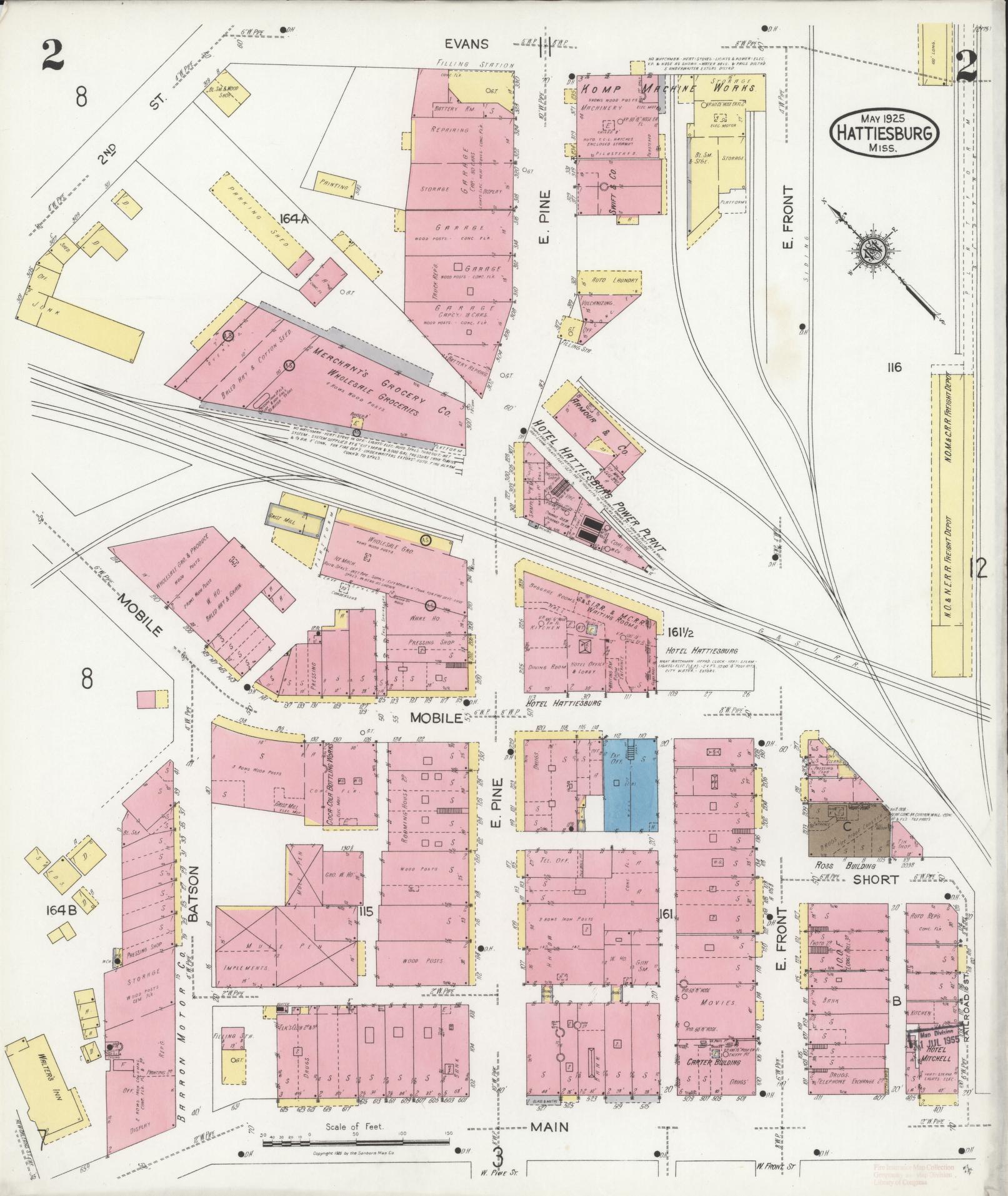 Sanborn Fire Insurance Map from Hattiesburg, Forrest County, Mississippi (1925), Sheet #0002 - Complete Map Set gallery image, historic Sanborn map, vintage wall art, Mississippi Mississippi