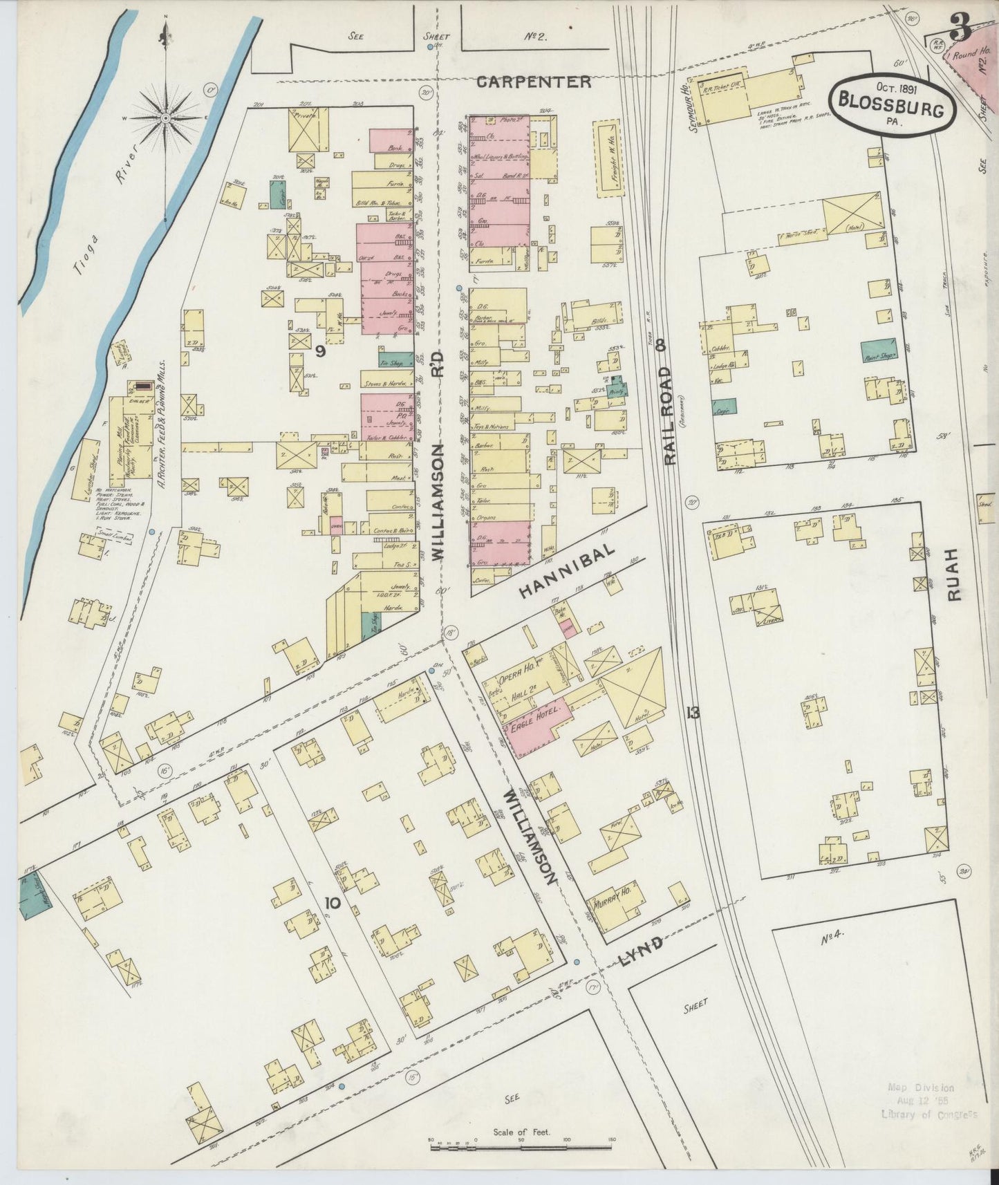 Sanborn Fire Insurance Map from Blossburg, Tioga County, Pennsylvania (1891), Sheet #0003 - Historic Sanborn Fire Insurance Map Print, vintage old map wall art, antique decor, genealogy gift, Pennsylvania Pennsylvania map