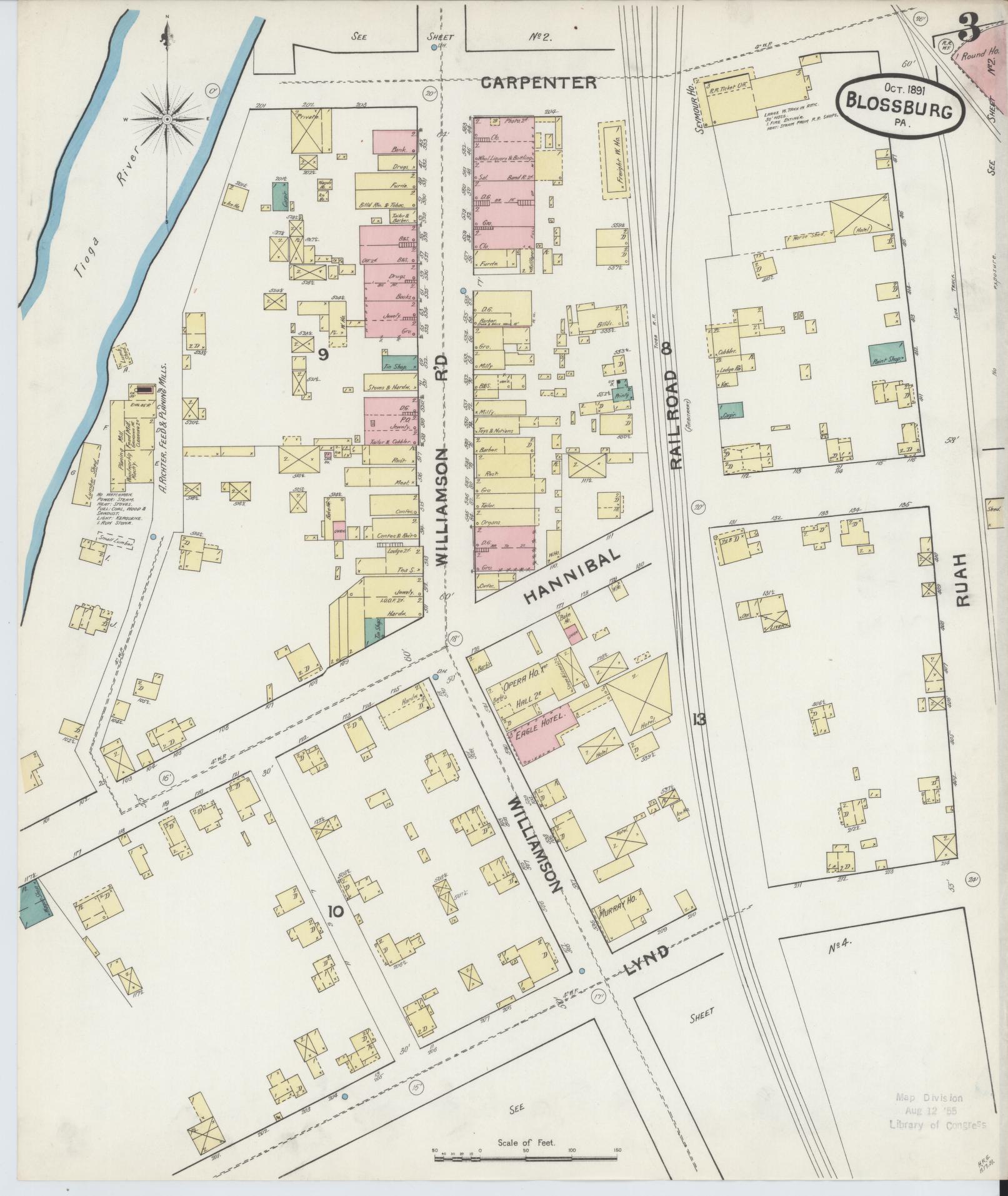 Sanborn Fire Insurance Map from Blossburg, Tioga County, Pennsylvania (1891), Sheet #0003 - Historic Sanborn Fire Insurance Map Print, vintage old map wall art, antique decor, genealogy gift, Pennsylvania Pennsylvania map