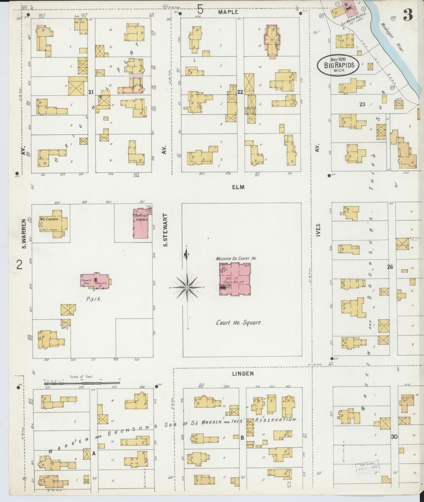 Sanborn Fire Insurance Map from Big Rapids, Mecosta County, Michigan (1899), Sheet #0003 - Complete Map Set gallery image, historic Sanborn map, vintage wall art, Michigan Michigan