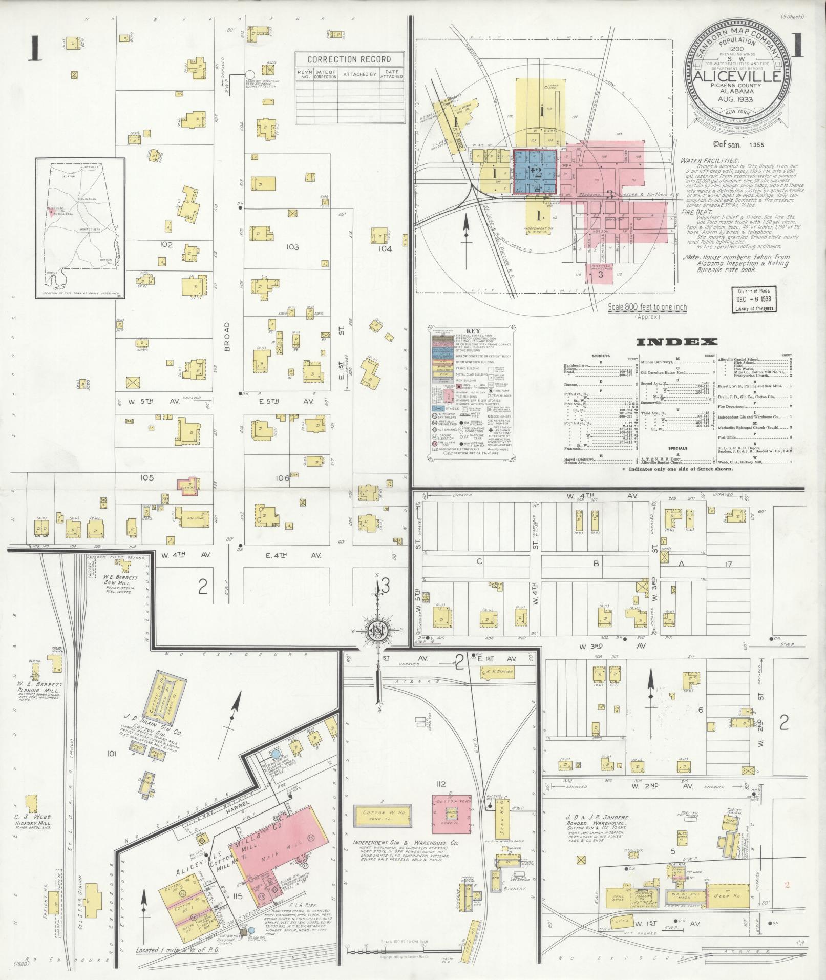 Sanborn Fire Insurance Map from Aliceville, Pickens County, Alabama (1933), Sheet #0001 - Historic Sanborn Fire Insurance Map Print, vintage old map wall art, antique decor, genealogy gift, Alabama Alabama map