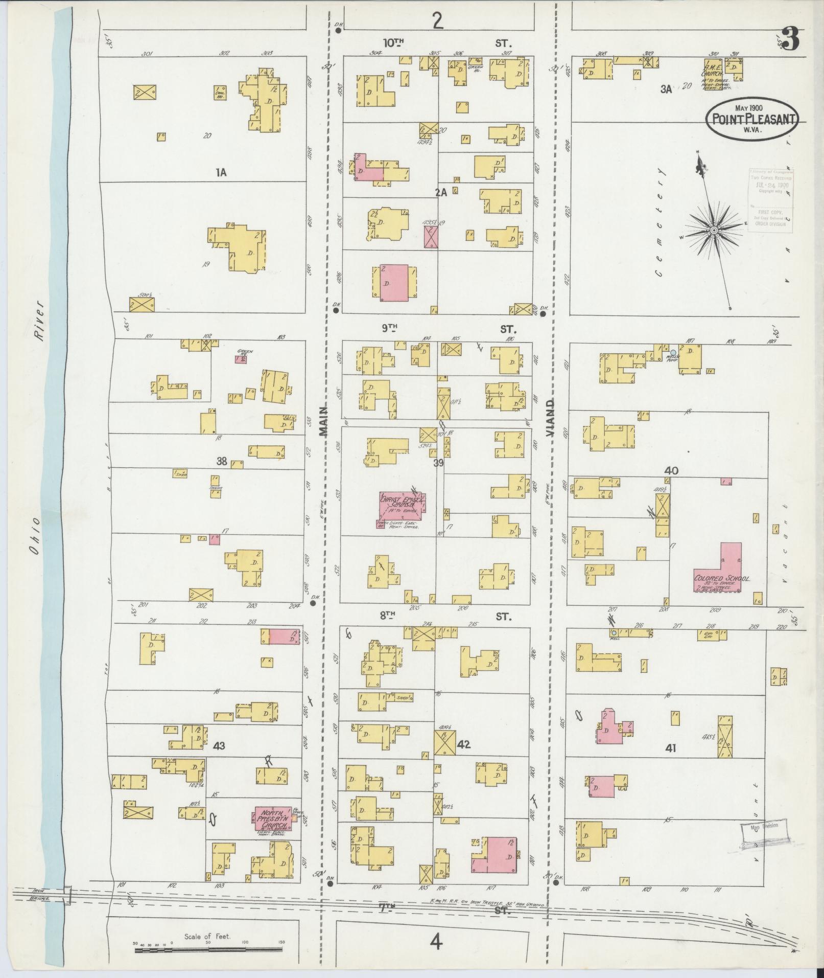 Sanborn Fire Insurance Map from Point Pleasant, Mason County, West Virginia (1900), Sheet #0003 - Historic Sanborn Fire Insurance Map Print, vintage old map wall art, antique decor, genealogy gift, West Virginia West Virginia map