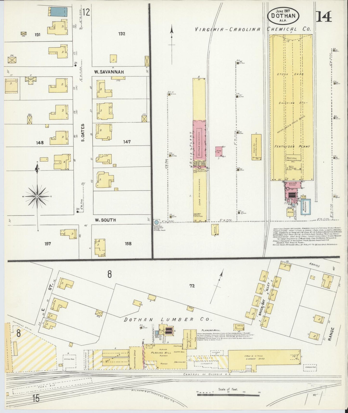 Sanborn Fire Insurance Map from Dothan, Houston County, Alabama (1907), Sheet #0014 - Complete Map Set gallery image, historic Sanborn map, vintage wall art, Alabama Alabama