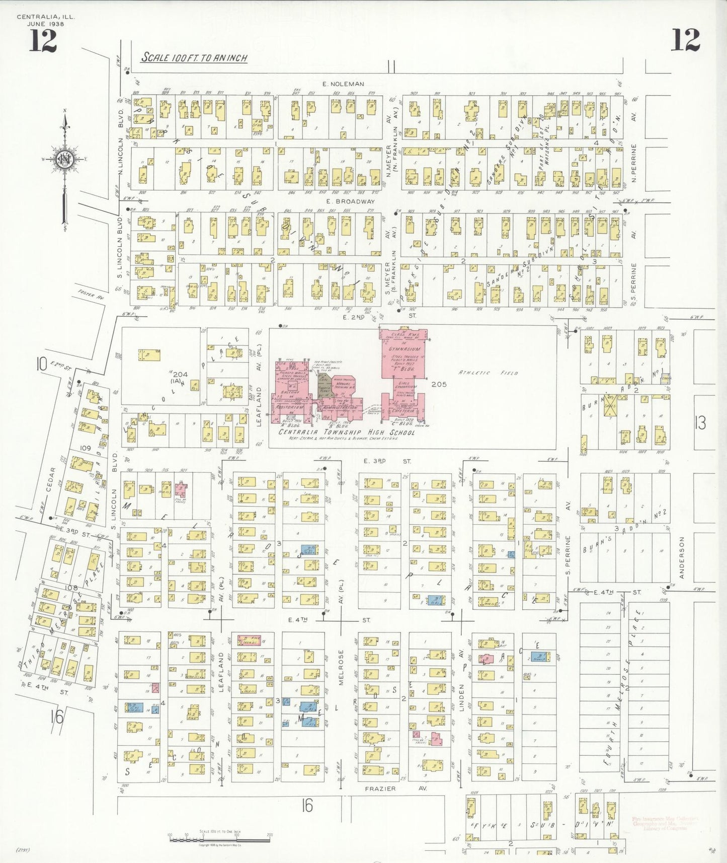 Sanborn Fire Insurance Map from Centralia, Marion, Clinton, Jefferson, and Washington Counties, Illinois (1938), Sheet #0012 - Historic Sanborn Fire Insurance Map Print, vintage old map wall art, antique decor, genealogy gift, Illinois Illinois map