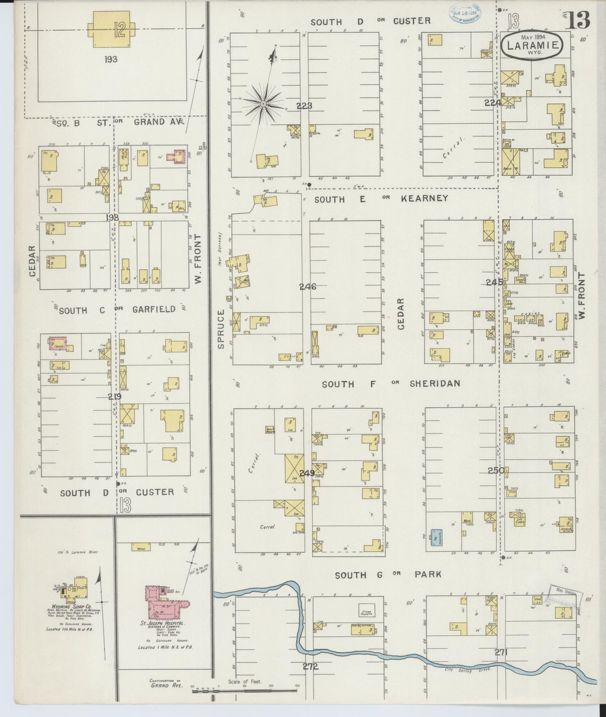 Sanborn Fire Insurance Map from Laramie, Albany County, Wyoming (1894), Sheet #0013 - Historic Sanborn Fire Insurance Map Print, vintage old map wall art, antique decor, genealogy gift, Wyoming Wyoming map