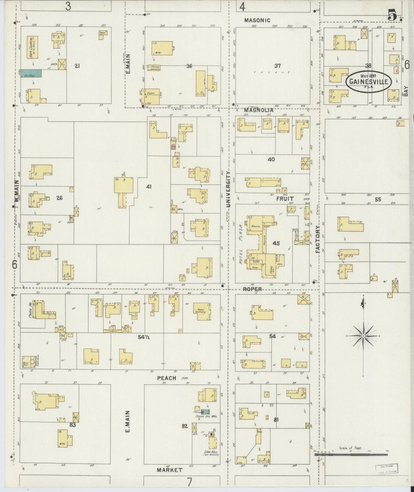 Sanborn Fire Insurance Map from Gainesville, Alachua County, Florida (1897), Sheet #0005 - Complete Map Set gallery image, historic Sanborn map, vintage wall art, Florida Florida