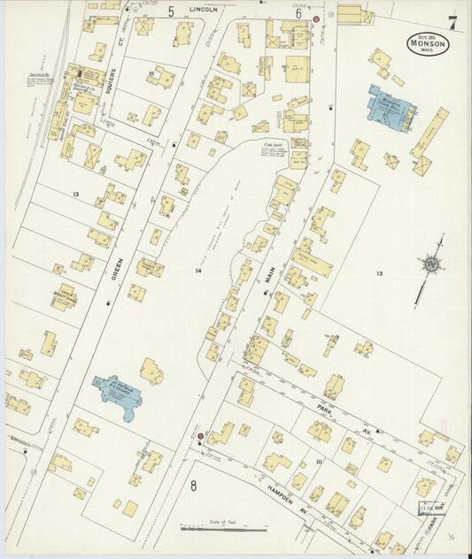 Sanborn Fire Insurance Map from Monson, Hampden County, Massachusetts (1911), Sheet #0007 - Historic Sanborn Fire Insurance Map Print, vintage old map wall art, antique decor, genealogy gift, Massachusetts Massachusetts map