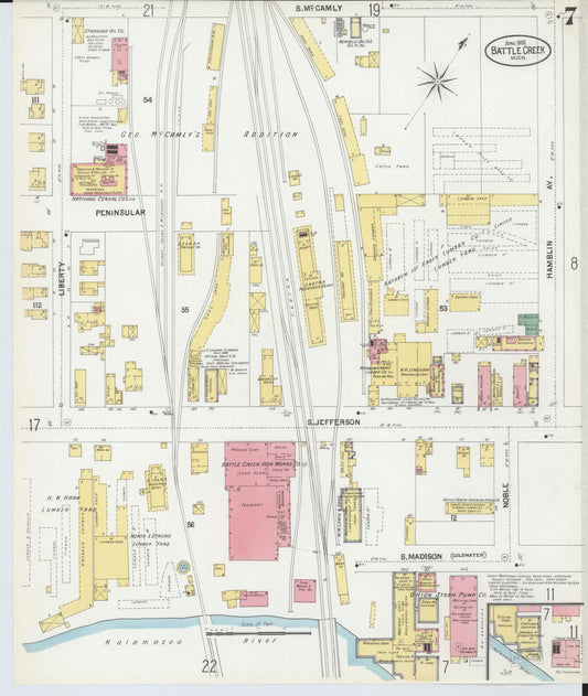Sanborn Fire Insurance Map from Battle Creek, Calhoun County, Michigan (1902), Sheet #0007 - Historic Sanborn Fire Insurance Map Print, vintage old map wall art, antique decor, genealogy gift, Michigan Michigan map