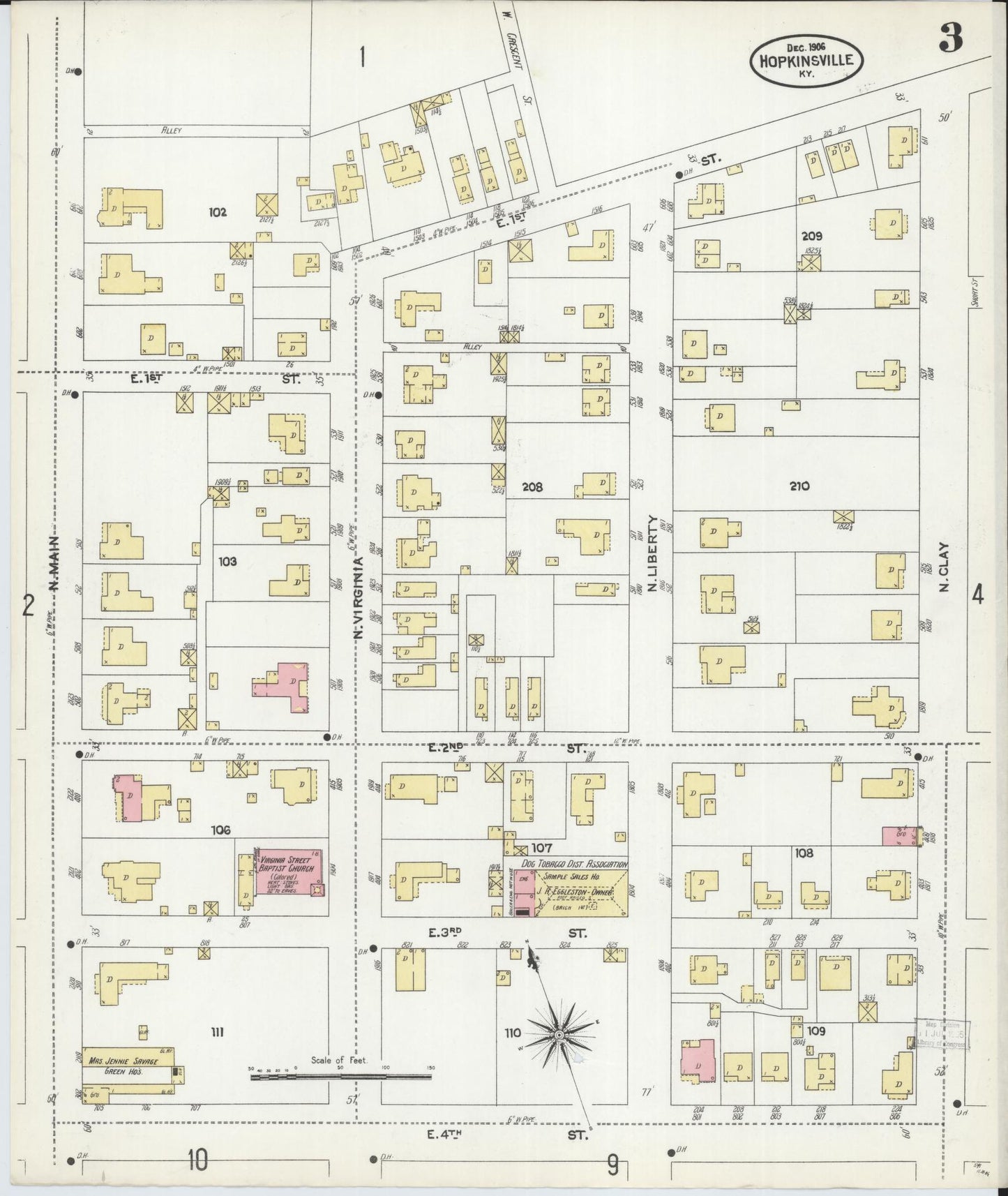 Sanborn Fire Insurance Map from Hopkinsville, Christian County, Kentucky (1906), Sheet #0003 - Historic Sanborn Fire Insurance Map Print, vintage old map wall art, antique decor, genealogy gift, Kentucky Kentucky map