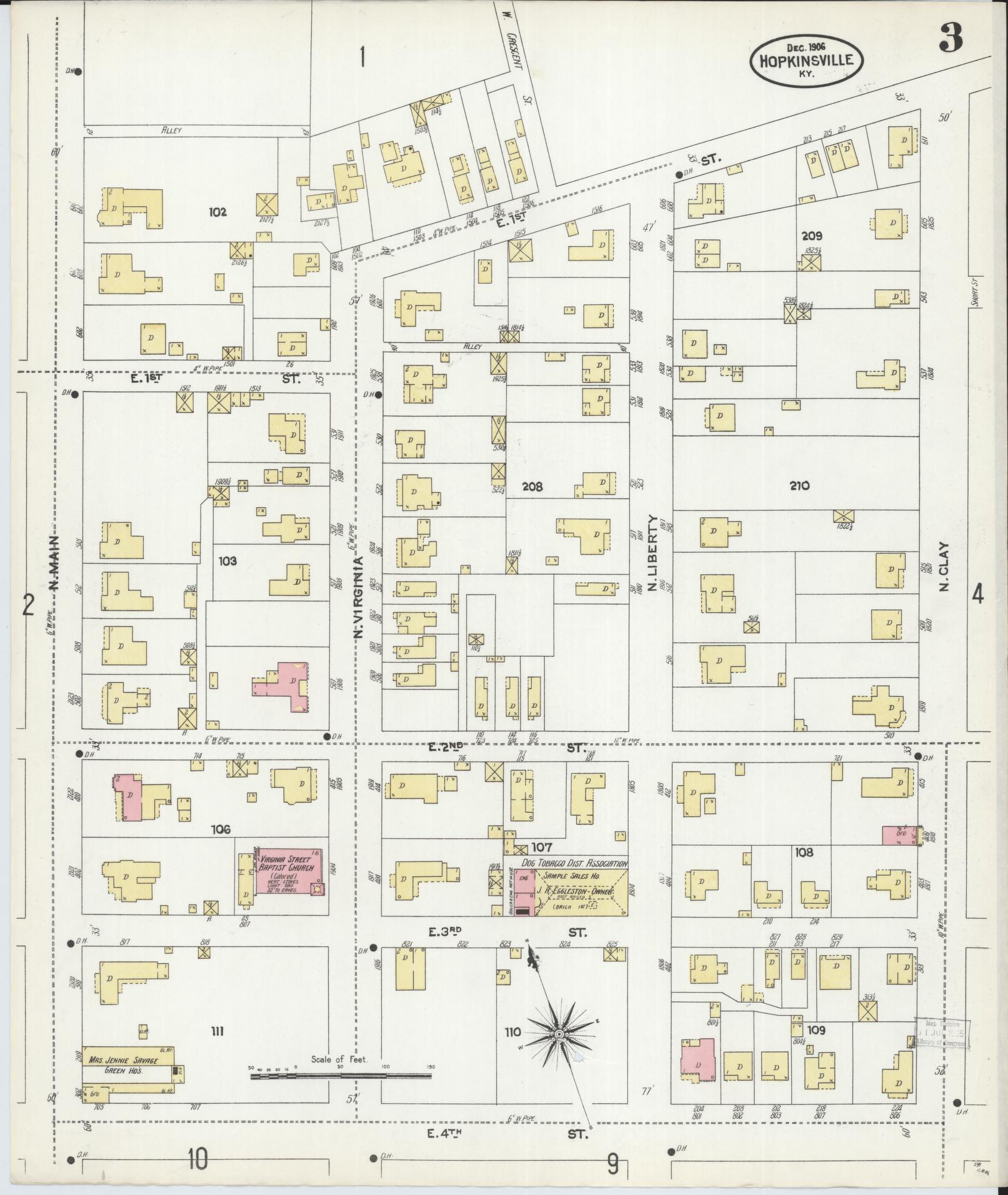 Sanborn Fire Insurance Map from Hopkinsville, Christian County, Kentucky (1906), Sheet #0003 - Historic Sanborn Fire Insurance Map Print, vintage old map wall art, antique decor, genealogy gift, Kentucky Kentucky map