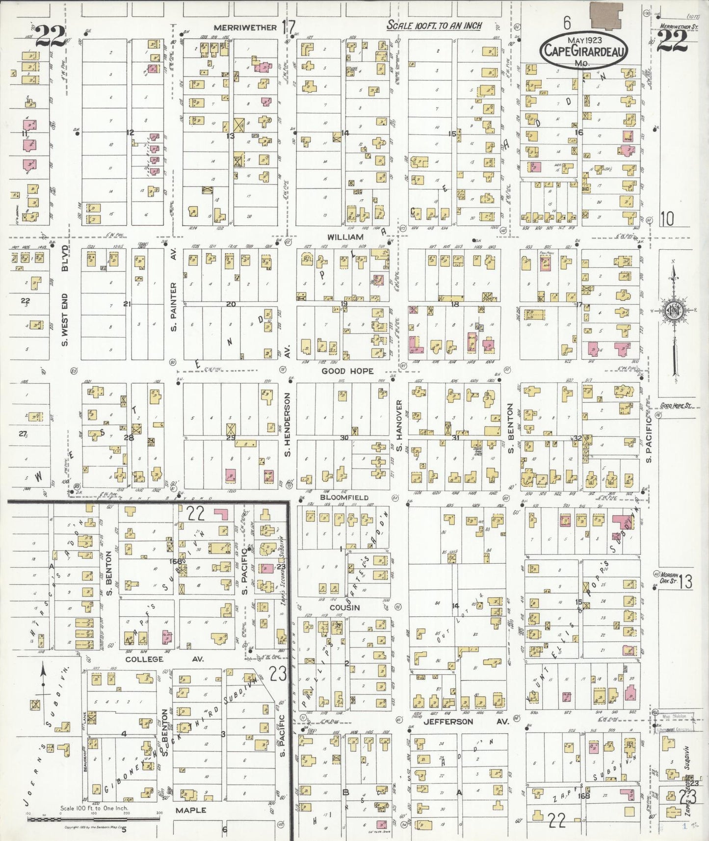 Sanborn Fire Insurance Map from Cape Girardeau, Cape Girardeau County, Missouri (1923), Sheet #0022 - Historic Sanborn Fire Insurance Map Print, vintage old map wall art, antique decor, genealogy gift, Missouri Missouri map