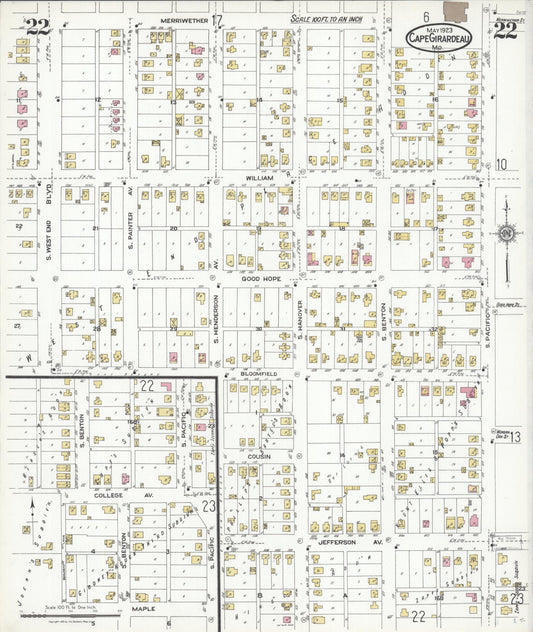 Sanborn Fire Insurance Map from Cape Girardeau, Cape Girardeau County, Missouri (1923), Sheet #0022 - Historic Sanborn Fire Insurance Map Print, vintage old map wall art, antique decor, genealogy gift, Missouri Missouri map