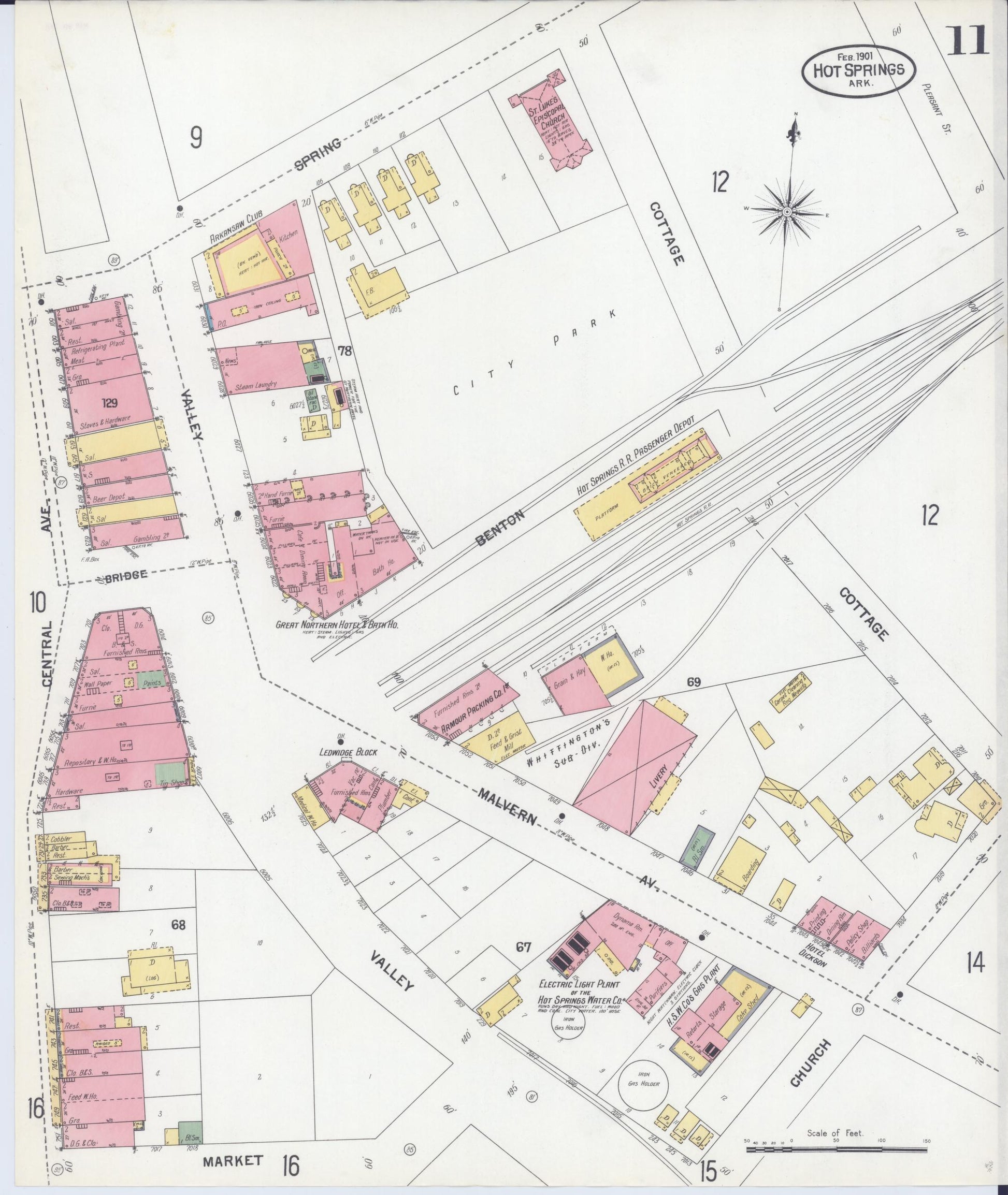 Sanborn Fire Insurance Map from Hot Springs, Garland County, Arkansas (1901), Sheet #0011 - Complete Map Set gallery image, historic Sanborn map, vintage wall art, Arkansas Arkansas