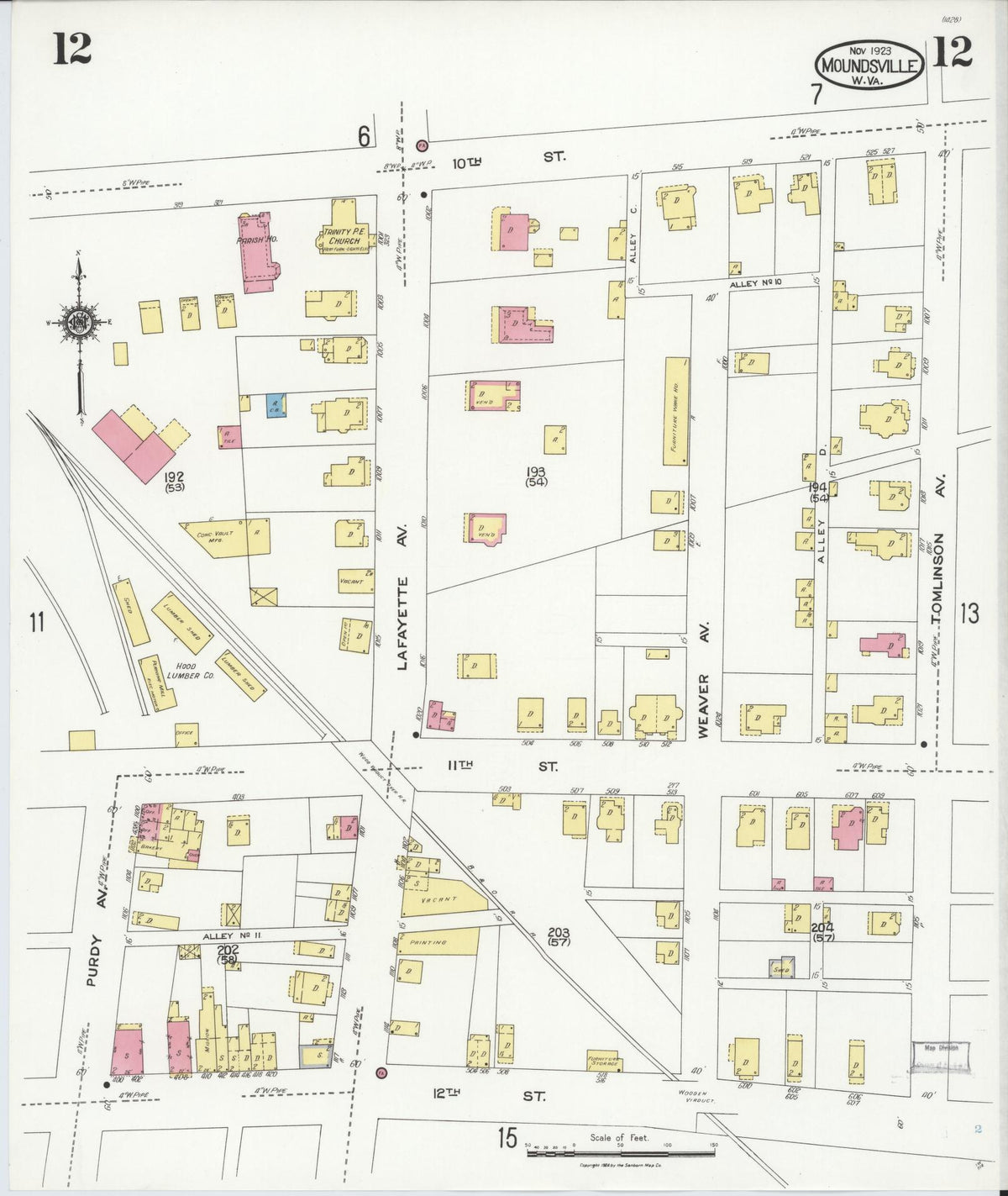 Sanborn Fire Insurance Map from Moundsville, Marshall County, West Virginia (1923), Sheet #0012 - Complete Map Set gallery image, historic Sanborn map, vintage wall art, West Virginia West Virginia