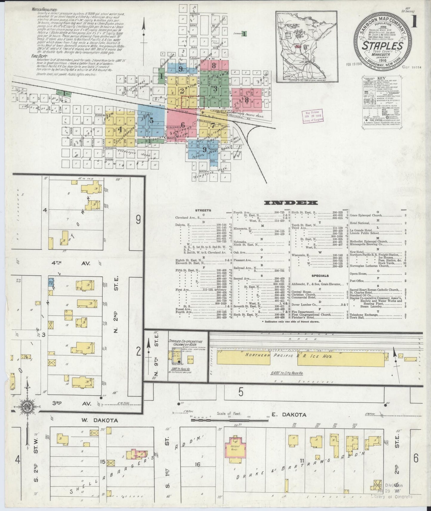 Sanborn Fire Insurance Map from Staples, Todd County, Minnesota (1916), Sheet #0001 - Complete Map Set gallery image, historic Sanborn map, vintage wall art, Minnesota Minnesota