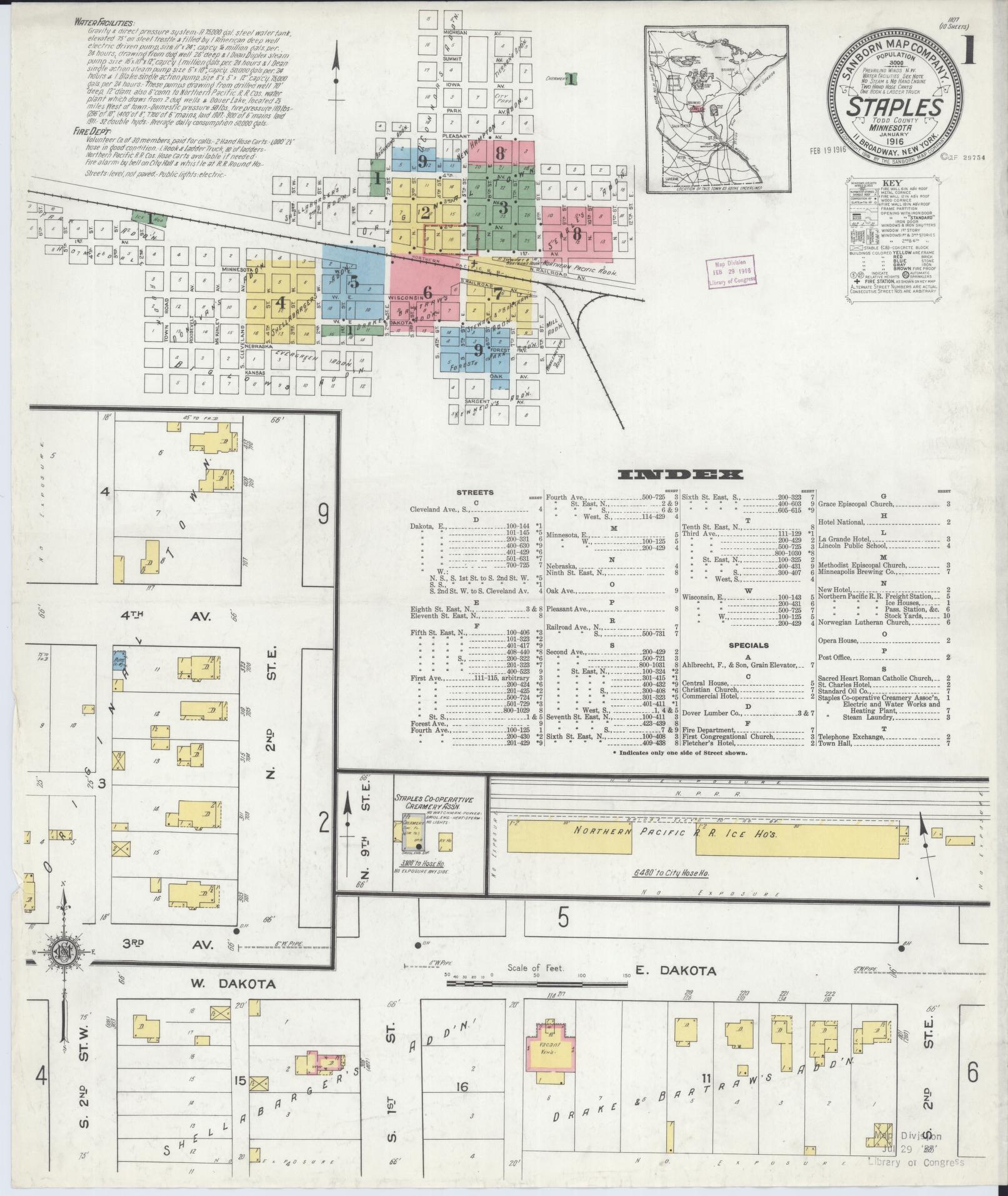 Sanborn Fire Insurance Map from Staples, Todd County, Minnesota (1916), Sheet #0001 - Complete Map Set gallery image, historic Sanborn map, vintage wall art, Minnesota Minnesota