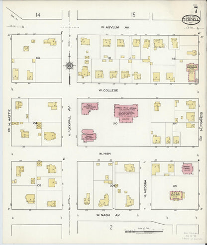 Sanborn Fire Insurance Map from Terrell, Kaufman County, Texas (1921), Sheet #0007 - Historic Sanborn Fire Insurance Map Print, vintage old map wall art, antique decor, genealogy gift, Texas Texas map