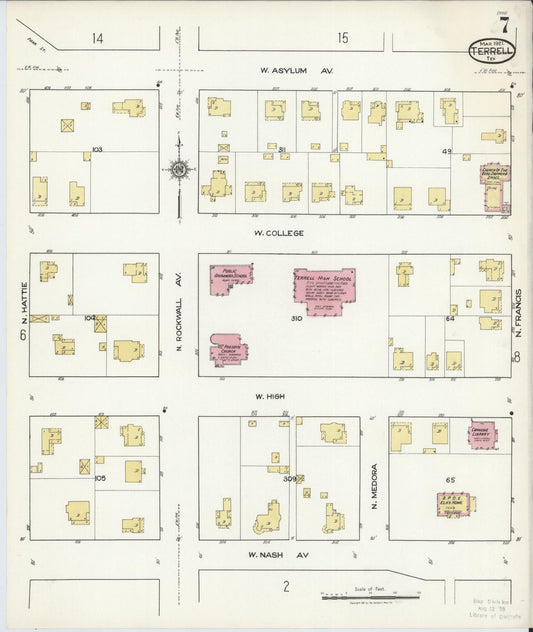 Sanborn Fire Insurance Map from Terrell, Kaufman County, Texas (1921), Sheet #0007 - Historic Sanborn Fire Insurance Map Print, vintage old map wall art, antique decor, genealogy gift, Texas Texas map