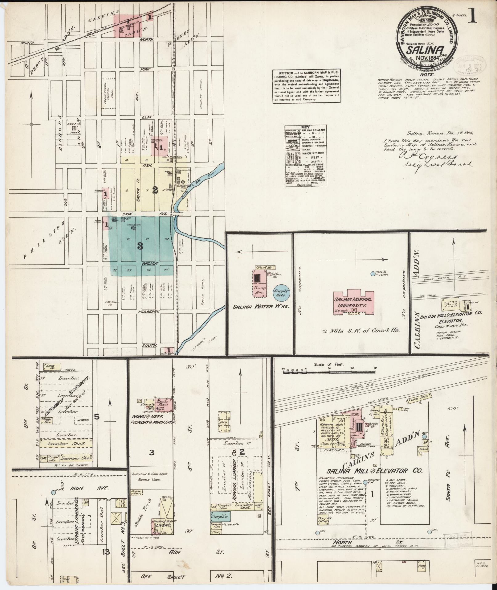 Sanborn Fire Insurance Map from Salina, Saline County, Kansas (1884), Sheet #0001 - Complete Map Set gallery image, historic Sanborn map, vintage wall art, Kansas Kansas