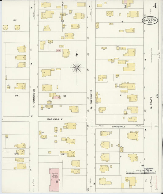 Sanborn Fire Insurance Map from Jackson, Hinds County, Mississippi (1909), Sheet #0004 - Historic Sanborn Fire Insurance Map Print, vintage old map wall art, antique decor, genealogy gift, Mississippi Mississippi map