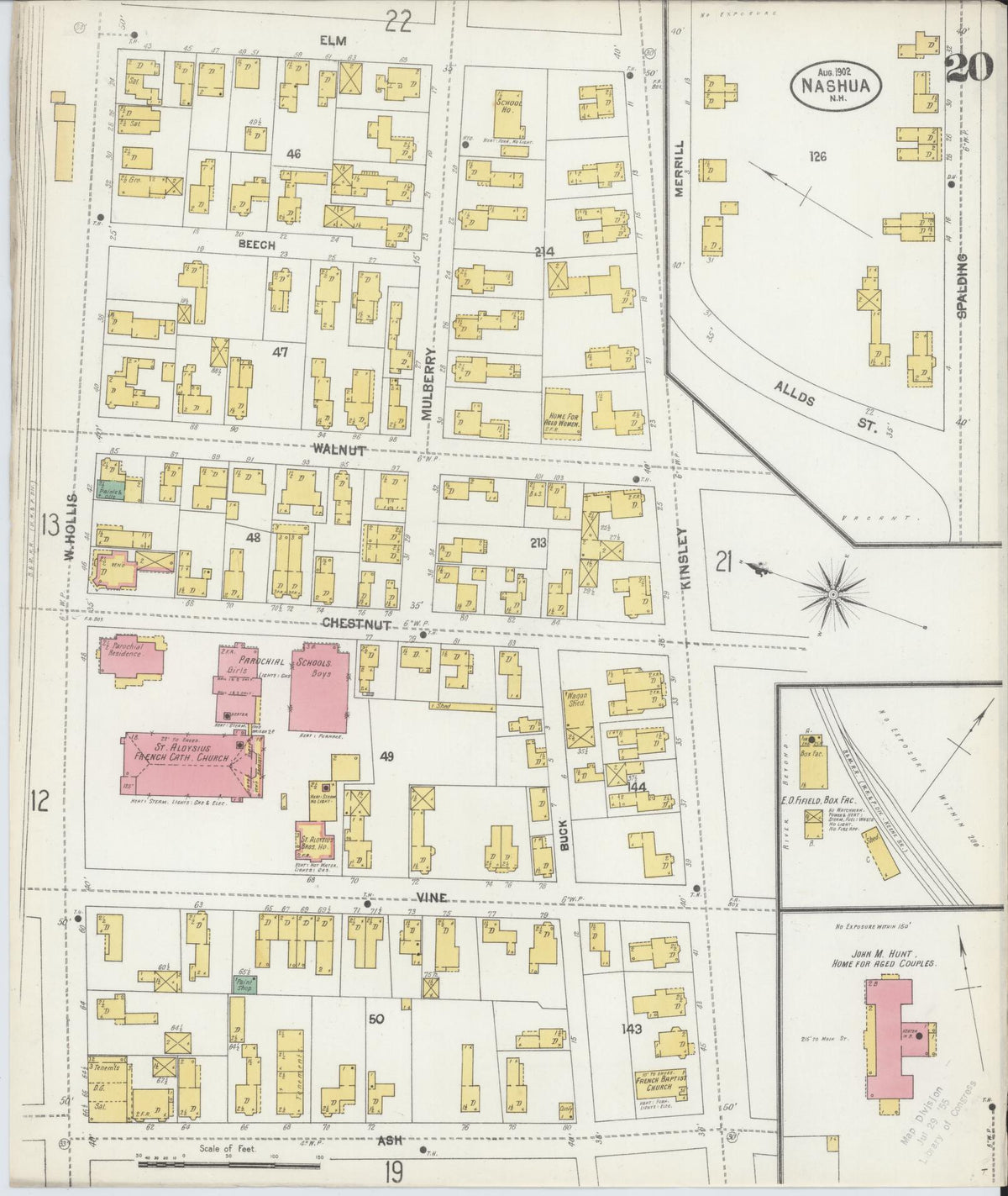 Sanborn Fire Insurance Map from Nashua, Hillsborough County, New Hampshire (1902), Sheet #0020 - Historic Sanborn Fire Insurance Map Print, vintage old map wall art, antique decor, genealogy gift, New Hampshire New Hampshire map