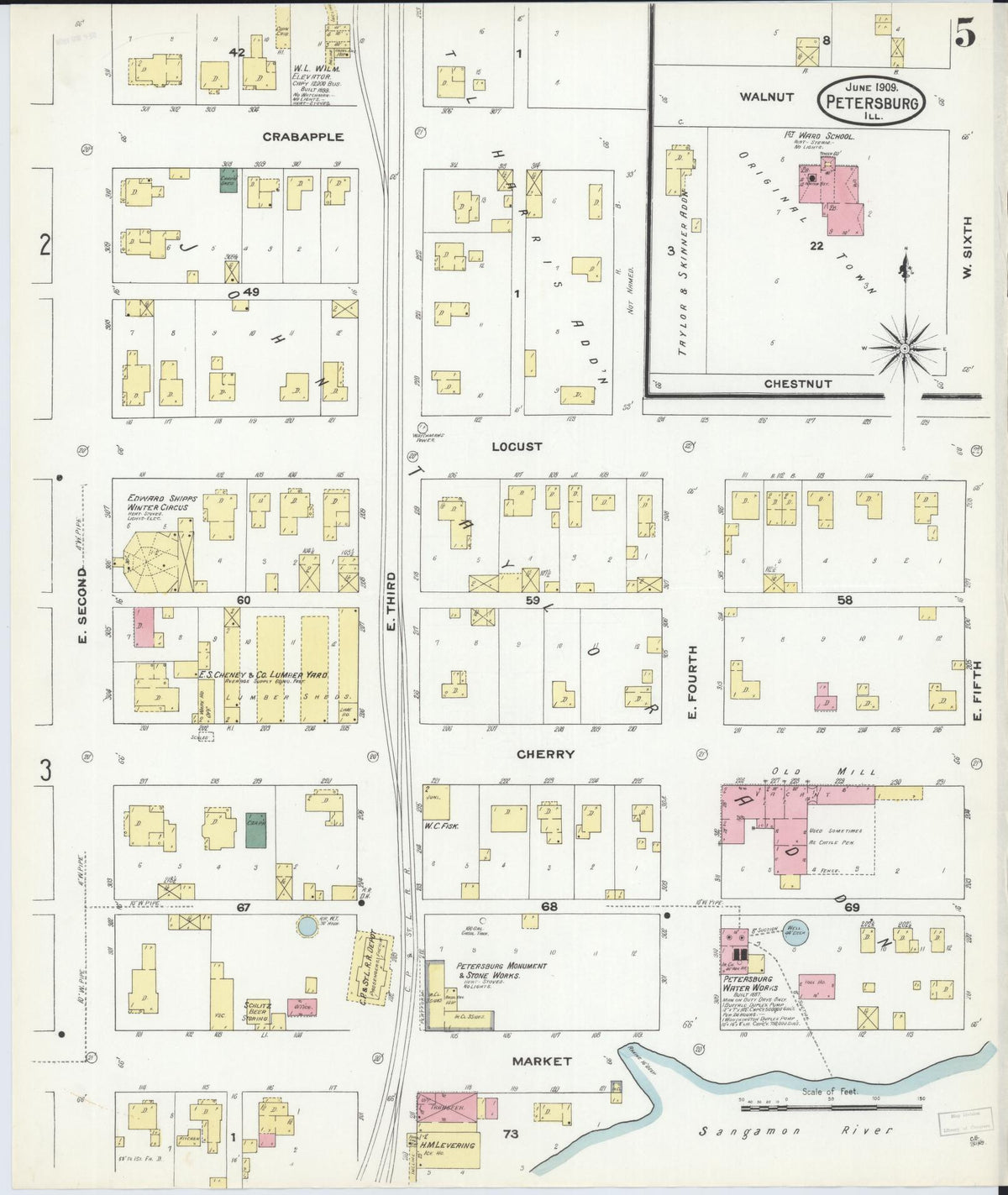 Sanborn Fire Insurance Map from Petersburg, Menard County, Illinois (1909), Sheet #0005 - Complete Map Set gallery image, historic Sanborn map, vintage wall art, Illinois Illinois