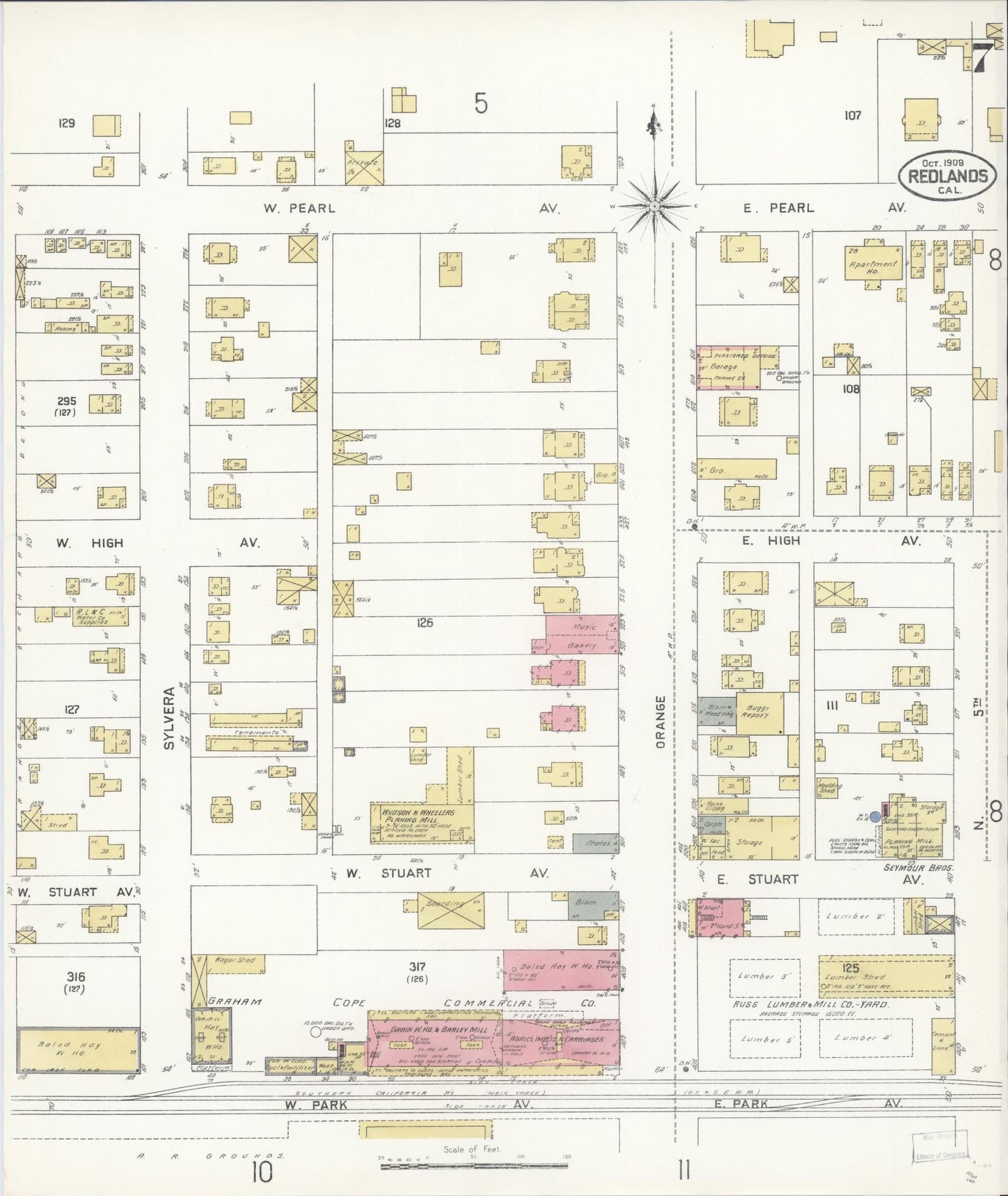 Sanborn Fire Insurance Map from Redlands, San Bernardino County, California (1908), Sheet #0007 - Complete Map Set gallery image, historic Sanborn map, vintage wall art, California California