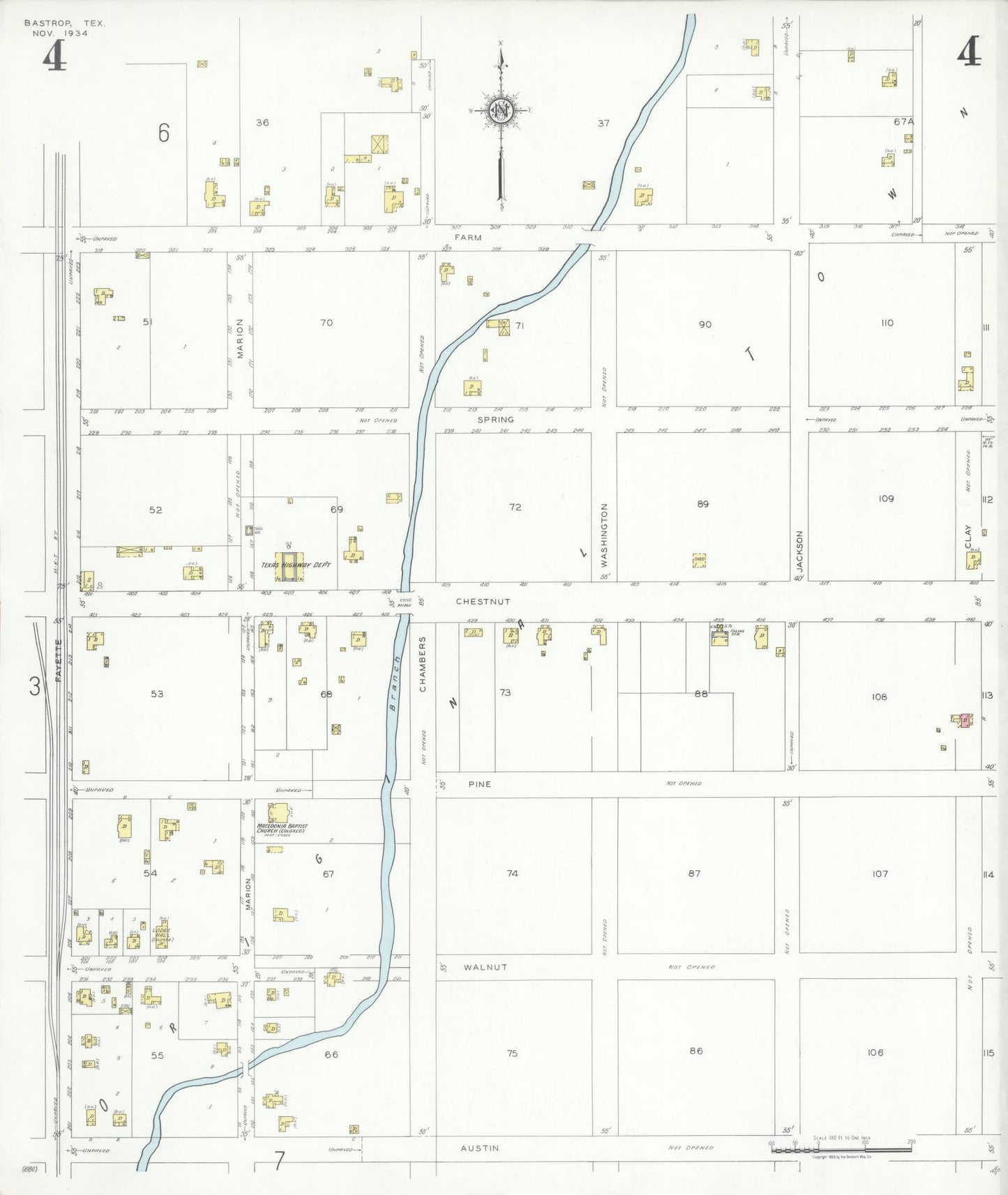 Sanborn Fire Insurance Map from Bastrop, Bastrop County, Texas (1934), Sheet #0004 - Historic Sanborn Fire Insurance Map Print, vintage old map wall art, antique decor, genealogy gift, Texas Texas map