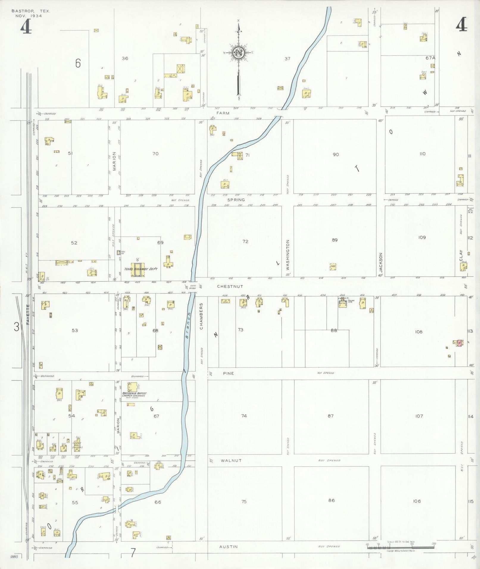 Sanborn Fire Insurance Map from Bastrop, Bastrop County, Texas (1934), Sheet #0004 - Historic Sanborn Fire Insurance Map Print, vintage old map wall art, antique decor, genealogy gift, Texas Texas map